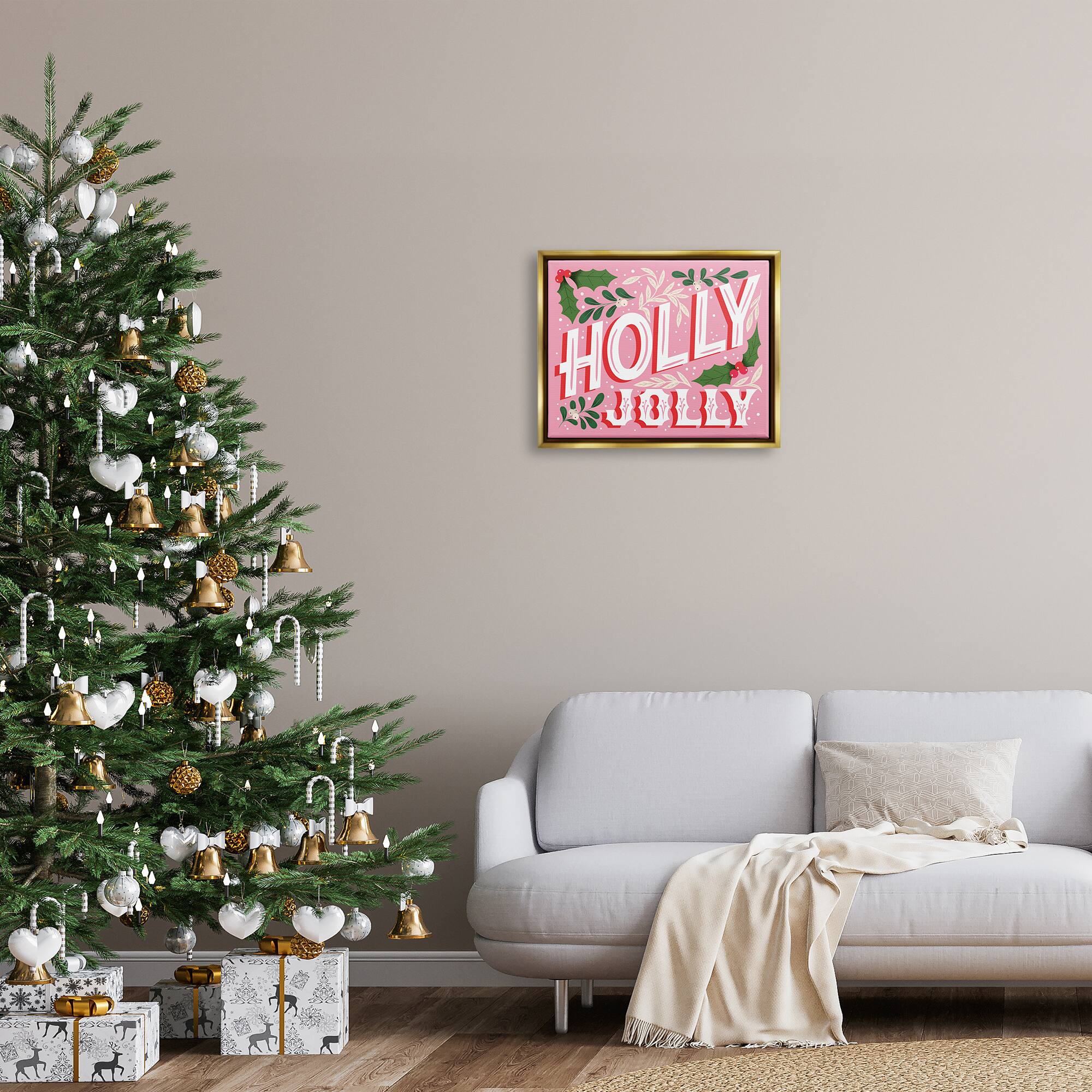 Stupell Industries Bold Pink Holly Jolly Phrase Framed Floater Canvas Wall Art