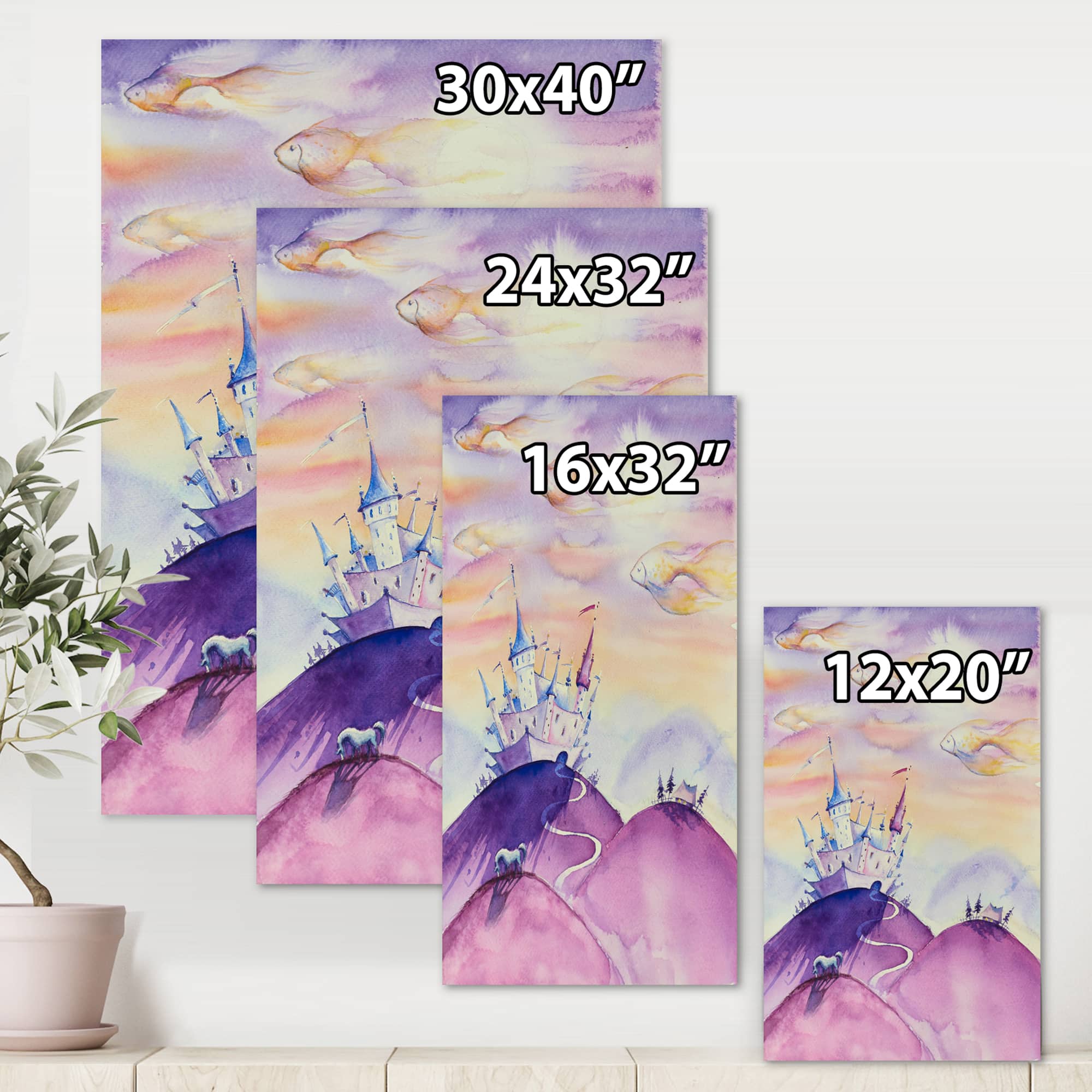 Designart - Fairy Tale Kingdom On Purple Mountain Top - Children&#x27;s Art Canvas Wall Art Print
