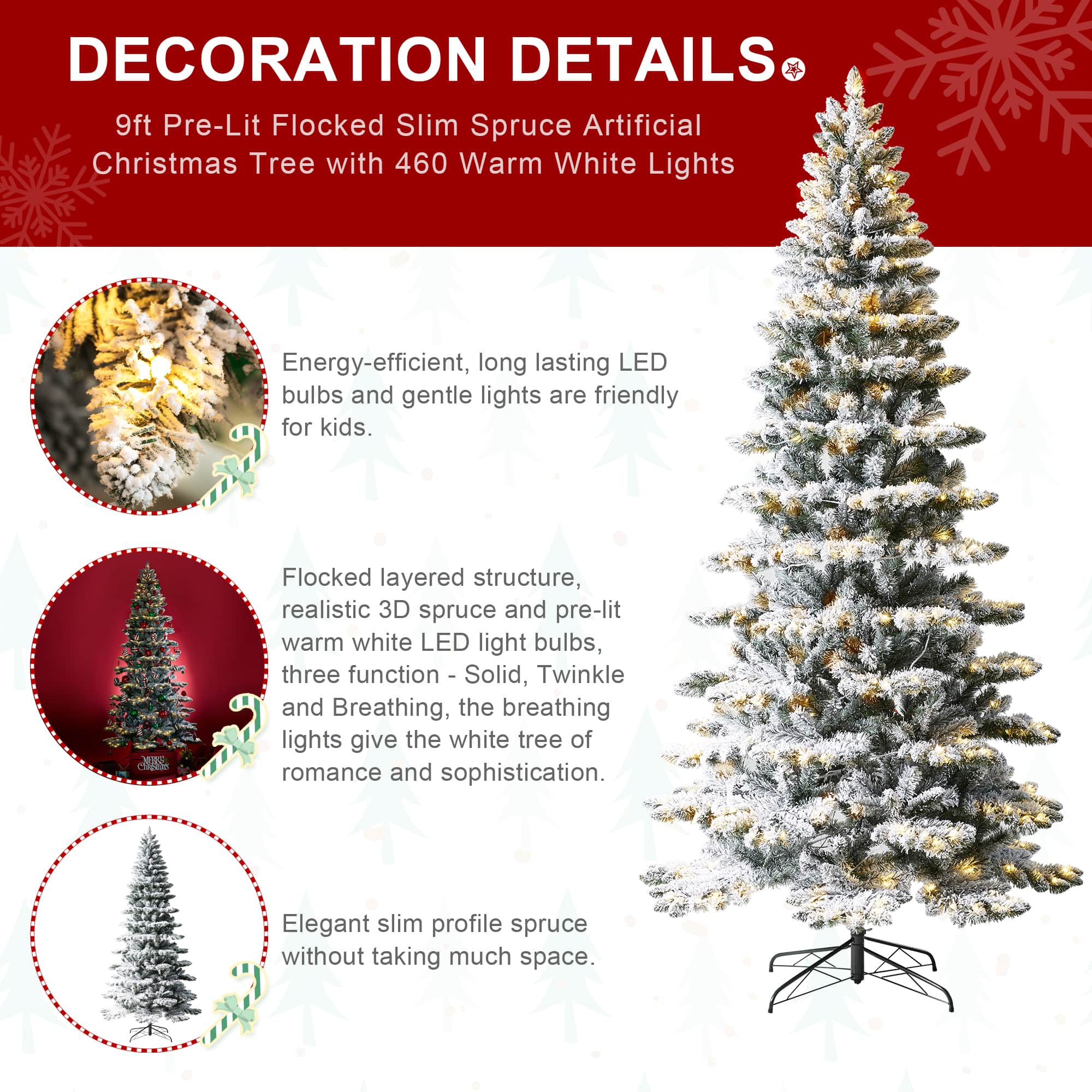 9ft. Pre-Lit Flocked Slim Spruce Artificial Christmas Tree, Warm White LED Lights