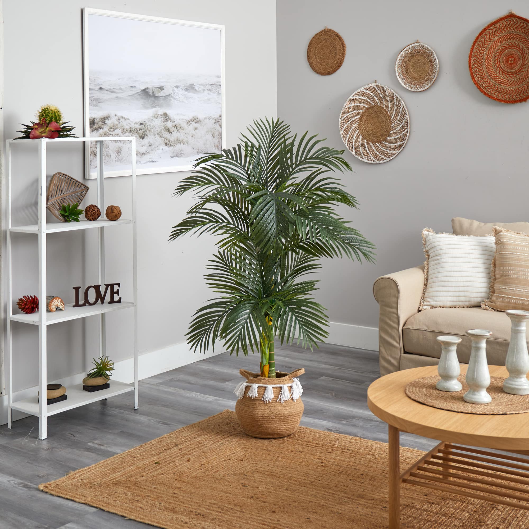 5ft. Artificial Double Stalk Golden Cane Palm Tree with Basket