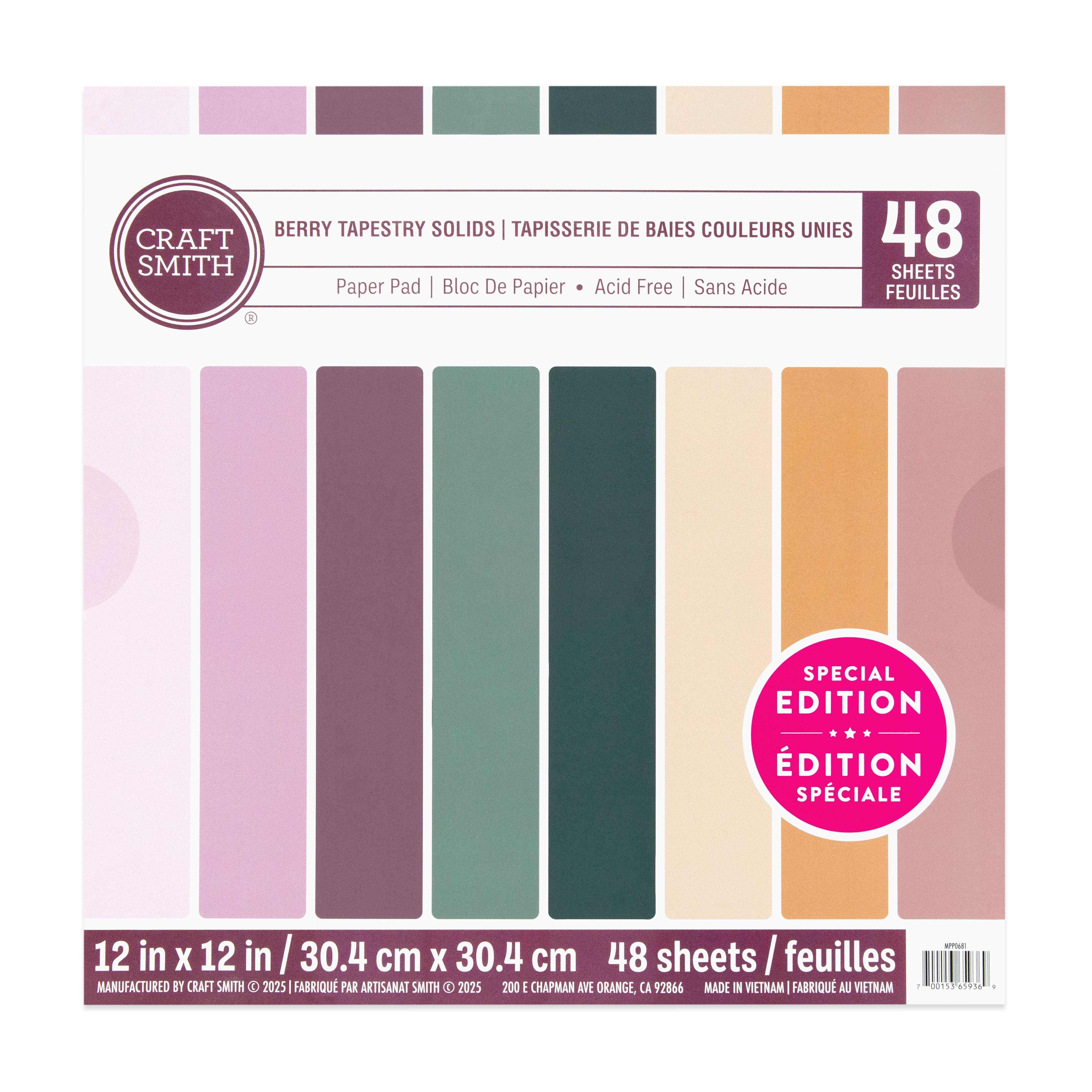 Craft Smith 12" x 12" Berry Tapestry Solids Paper Pad