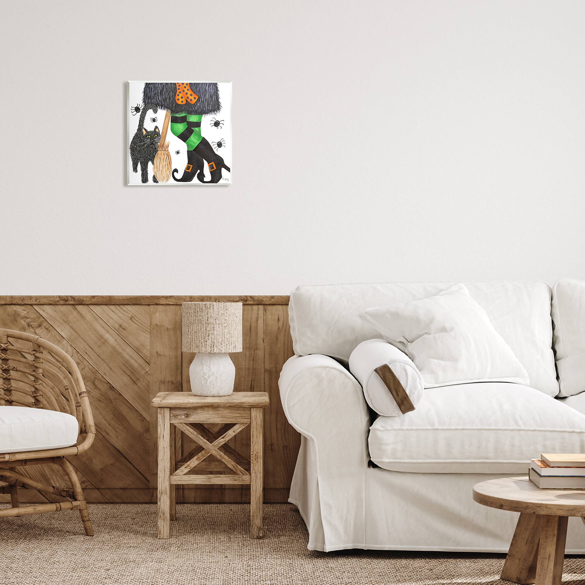 Stupell Industries Witch Broom Halloween Black Cat Wall Plaque Art