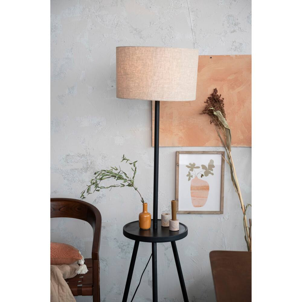 Hello Honey&#xAE; 63&#x22; Natural Scandinavian Wood Table Lamp with Shelf and Linen Shade