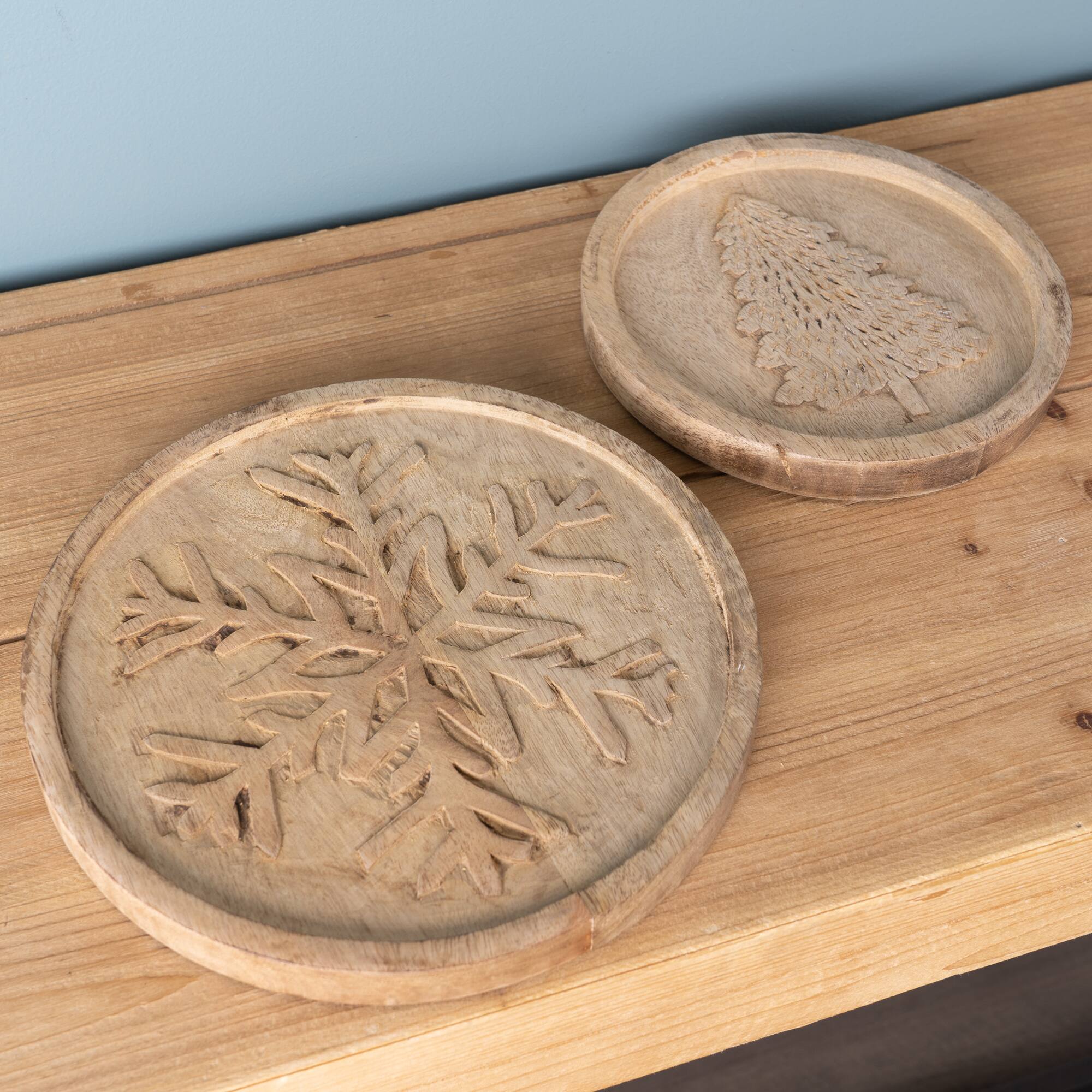 Tree &#x26; Snowflake Natural Wood Holiday Trivet Set