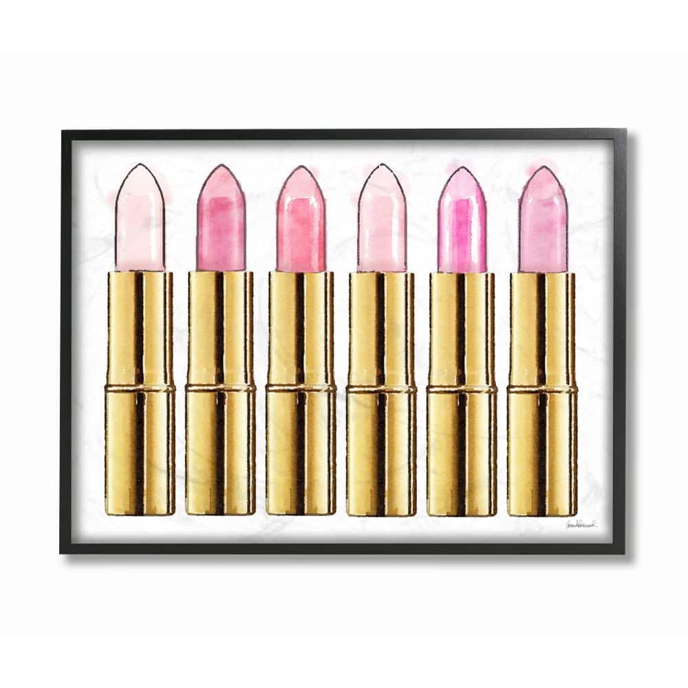 Stupell Industries Pink Gold Lipstick Glam Fashion Watercolor in Black Frame Wall Art
