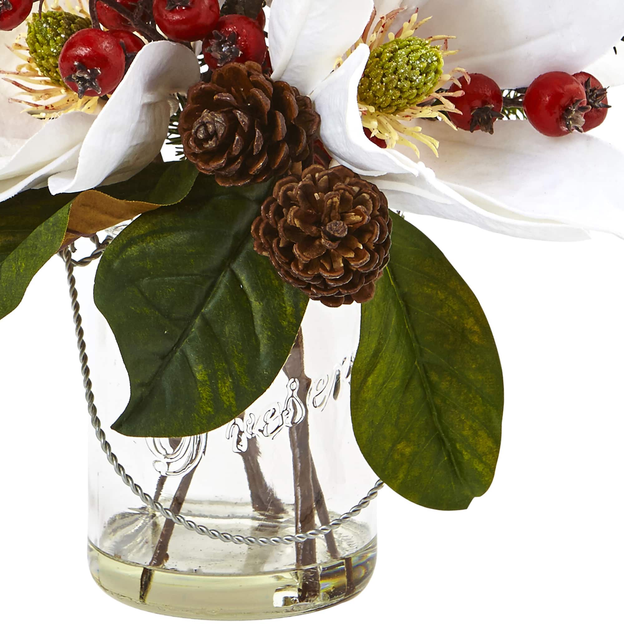 12" Magnolia, Pine & Berry Arrangement in Glass Vase