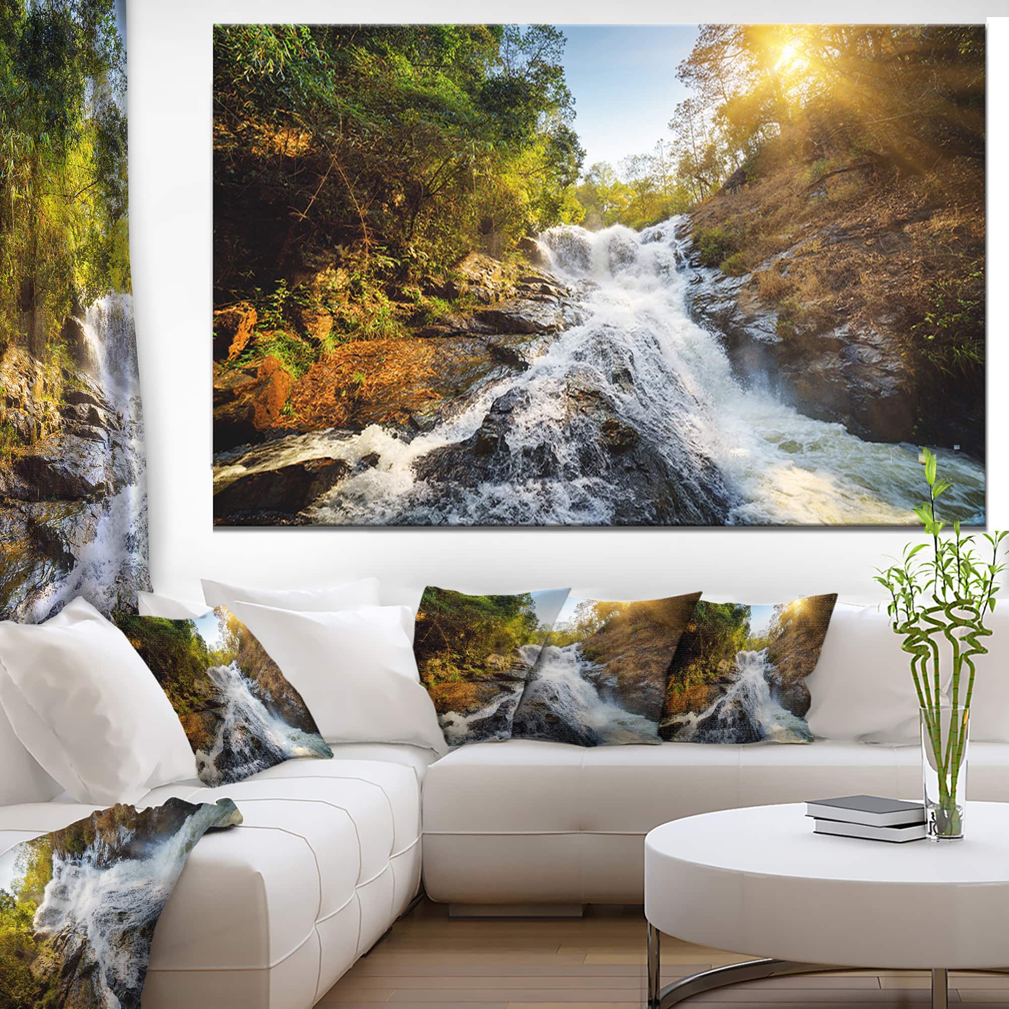 Designart - Waterfall through the Forest - Large landscape Canvas Art Print