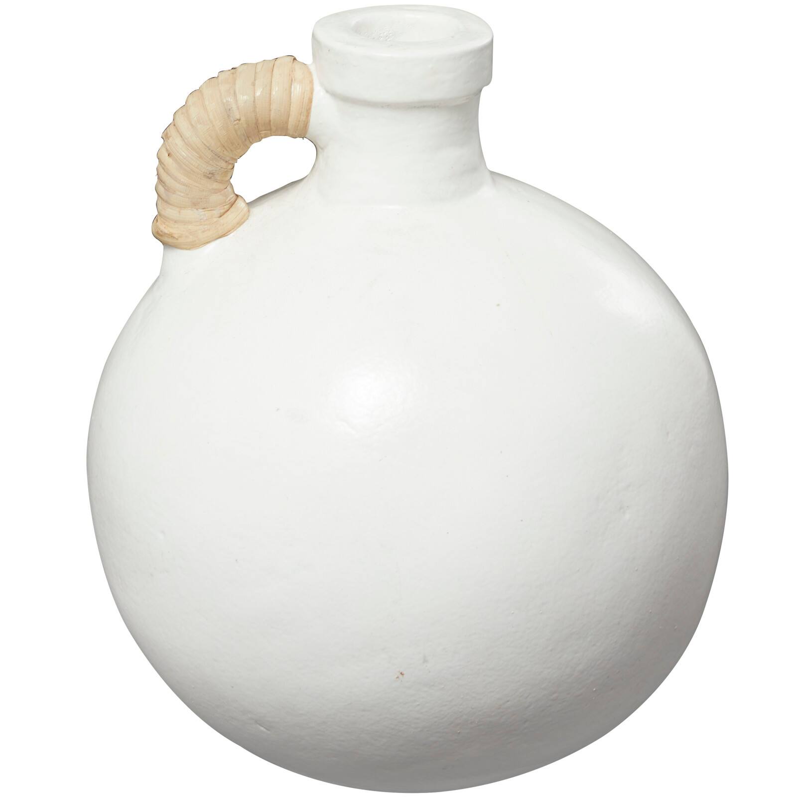11" White Ceramic Jug Inspired Vase with Rattan Wrapped Handle