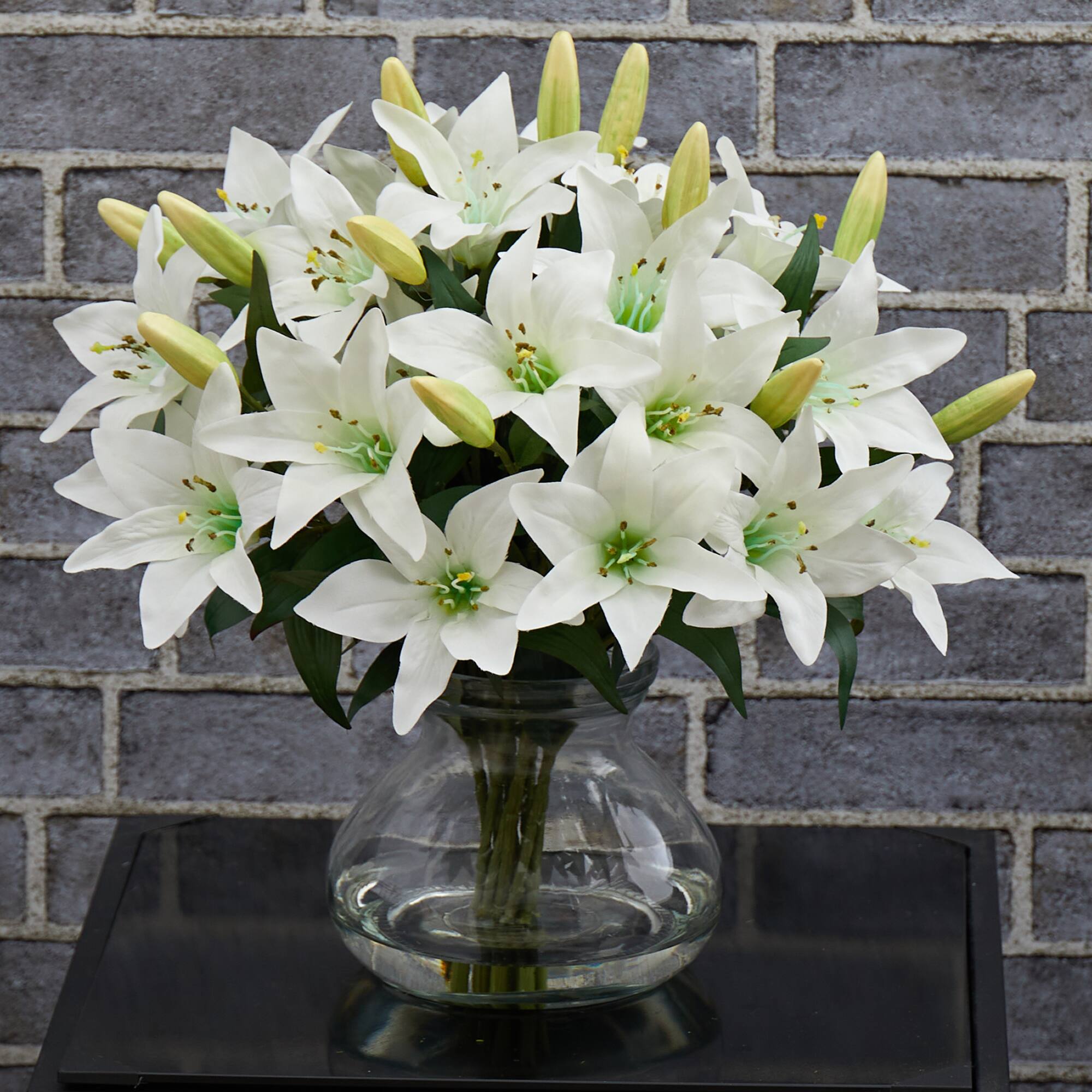 16&#x22; White Lily Silk Arrangement with Glass Vase