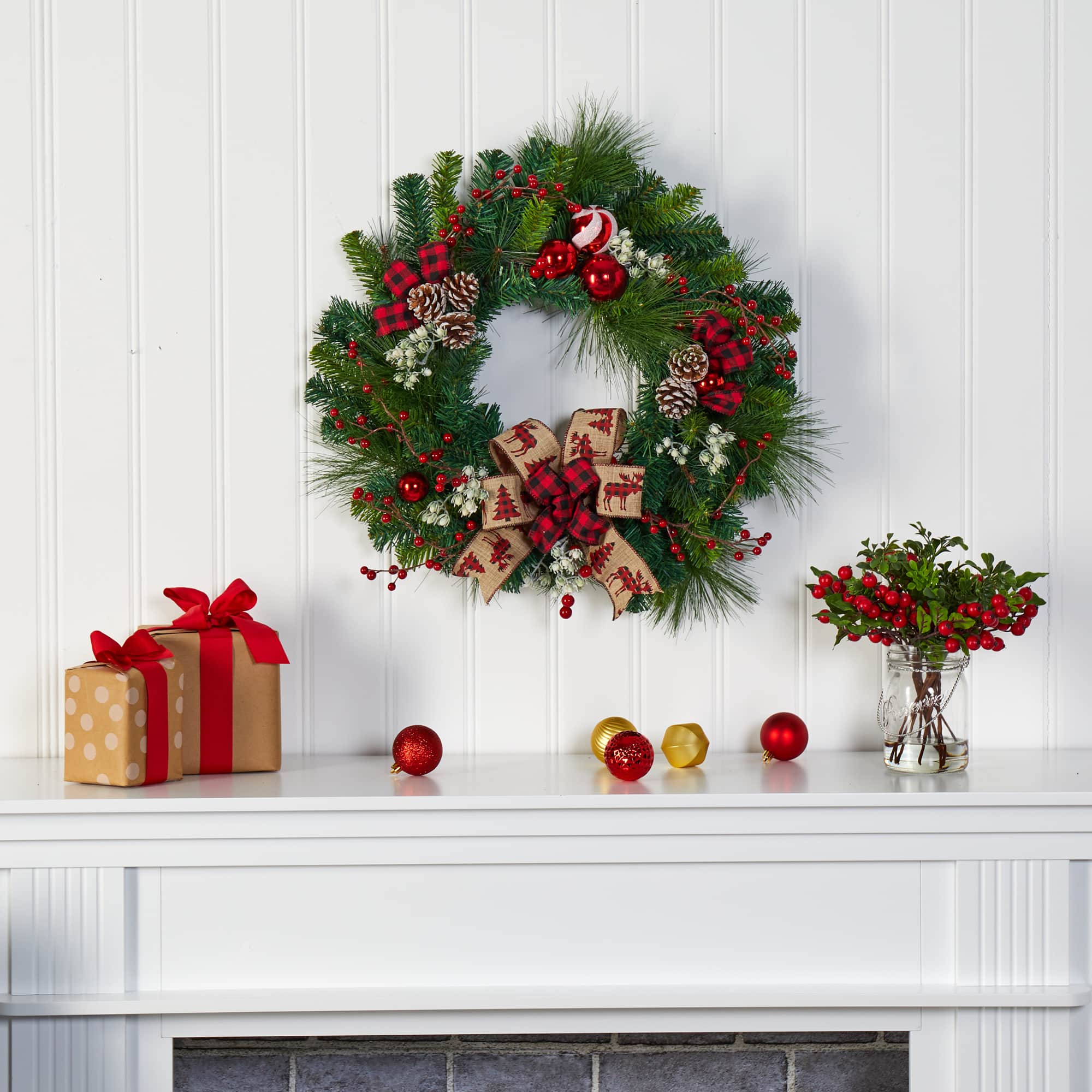 24in. Christmas Pine, Pinecone &#x26; Ornaments Wreath
