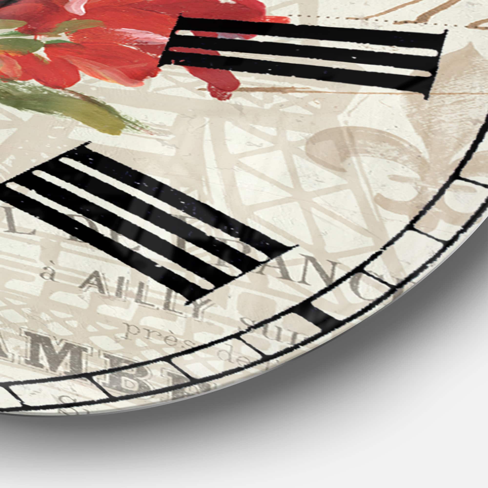 Designart &#x27;Red Painted Flowers On Vintage Postcard I Traditional Wall Clock