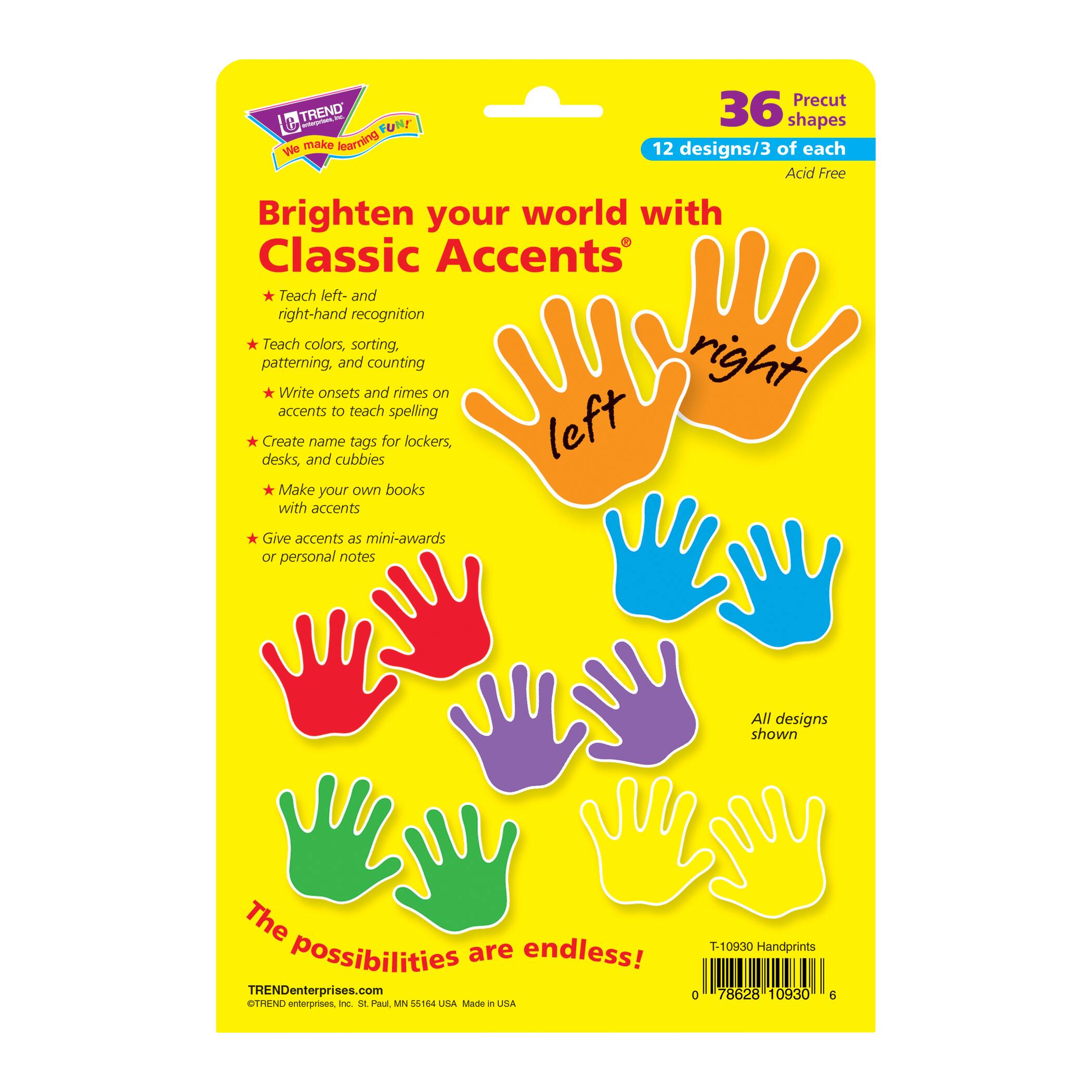 Trend Classic Accents® Handprints Variety Pack, 3 Packs of 36