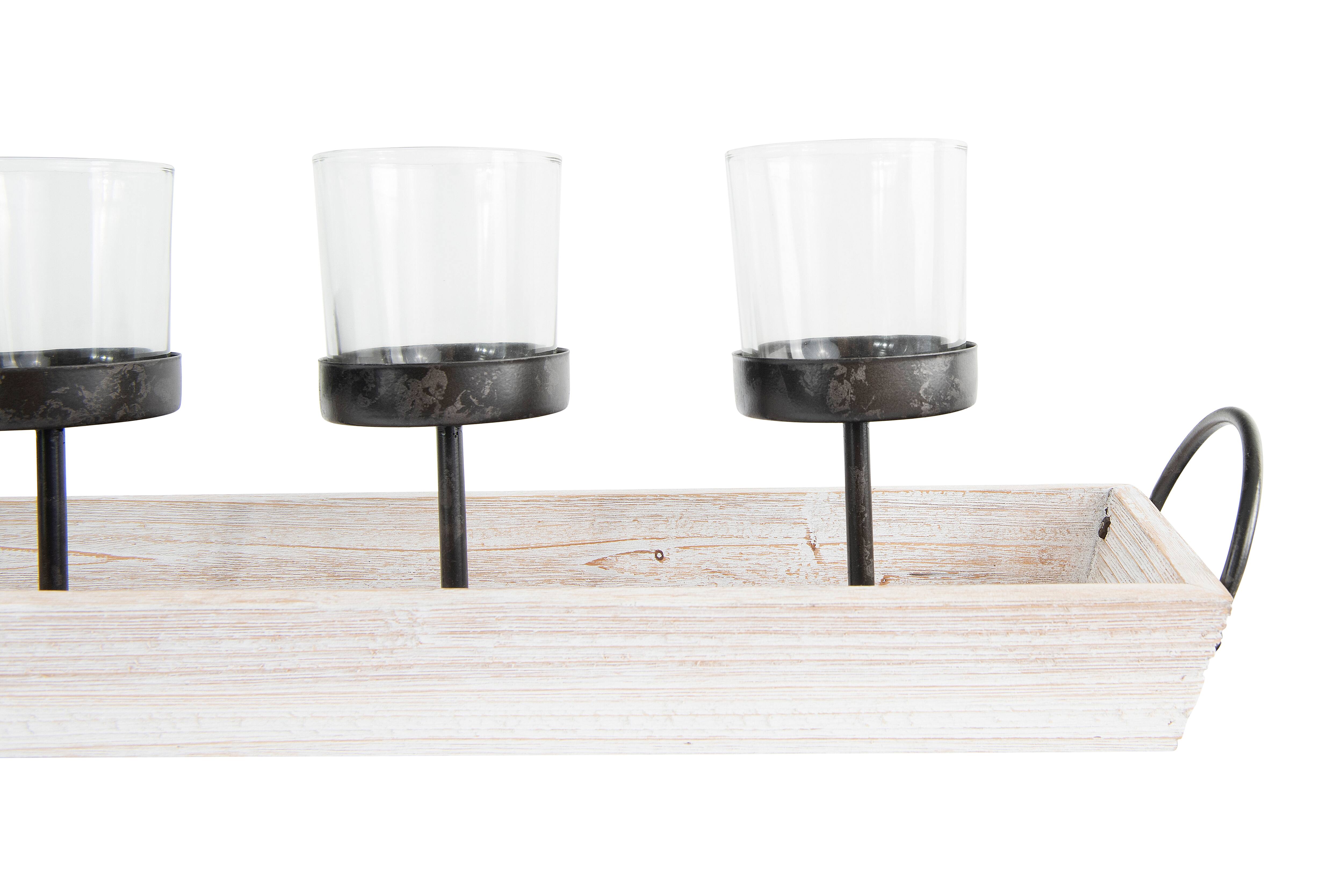 Hello Honey&#xAE; Rectangle Wood Tray Holder with 5 Clear Glass Votive Candleholders