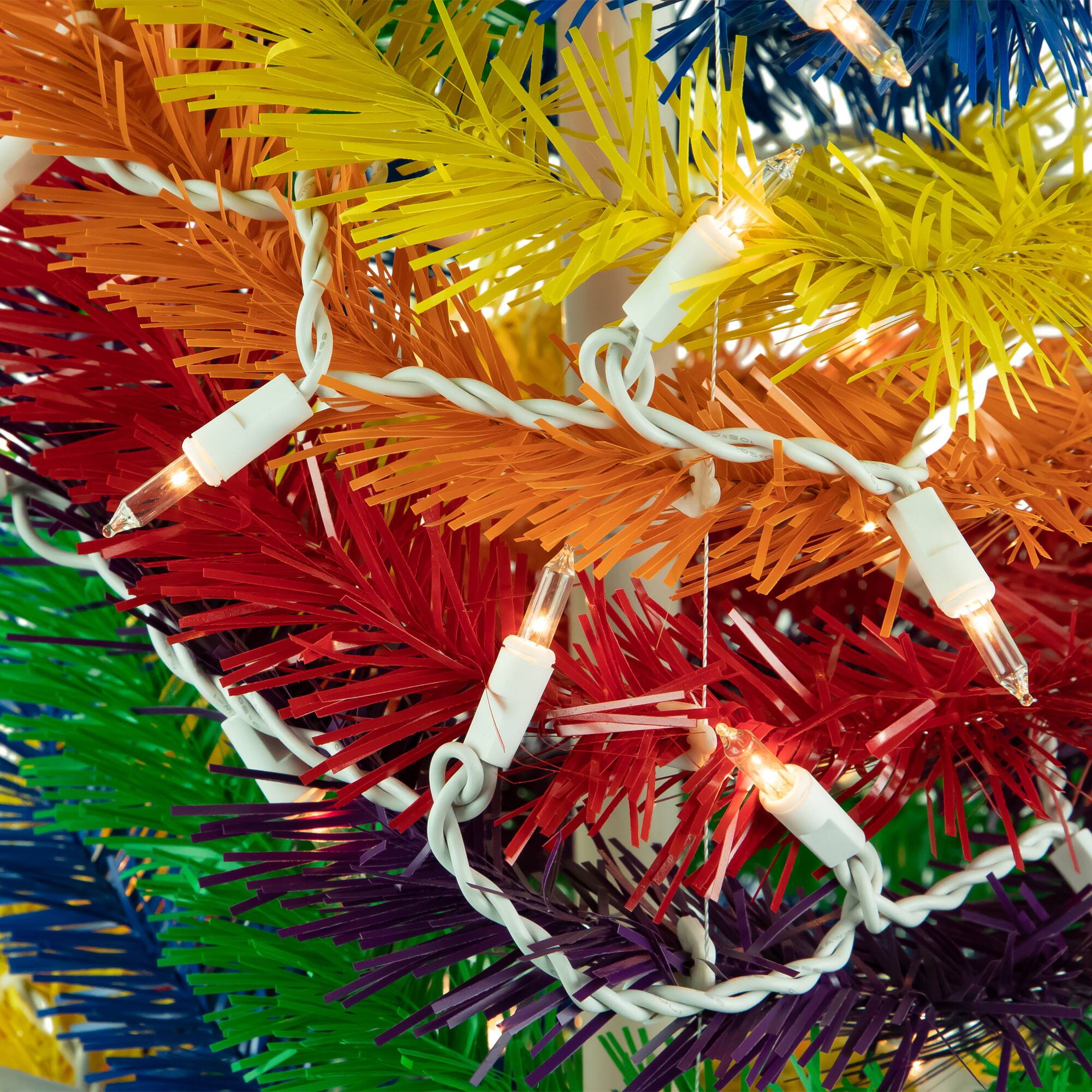 6ft. Pre-Lit Rainbow Tinsel Pop-Up Artificial Christmas Tree, Clear Lights