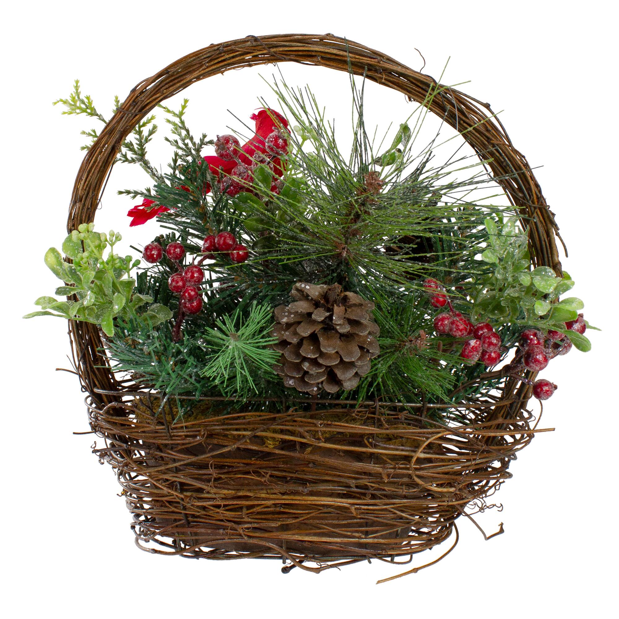 12" Red Cardinal with Foliage in Twig Basket Decoration