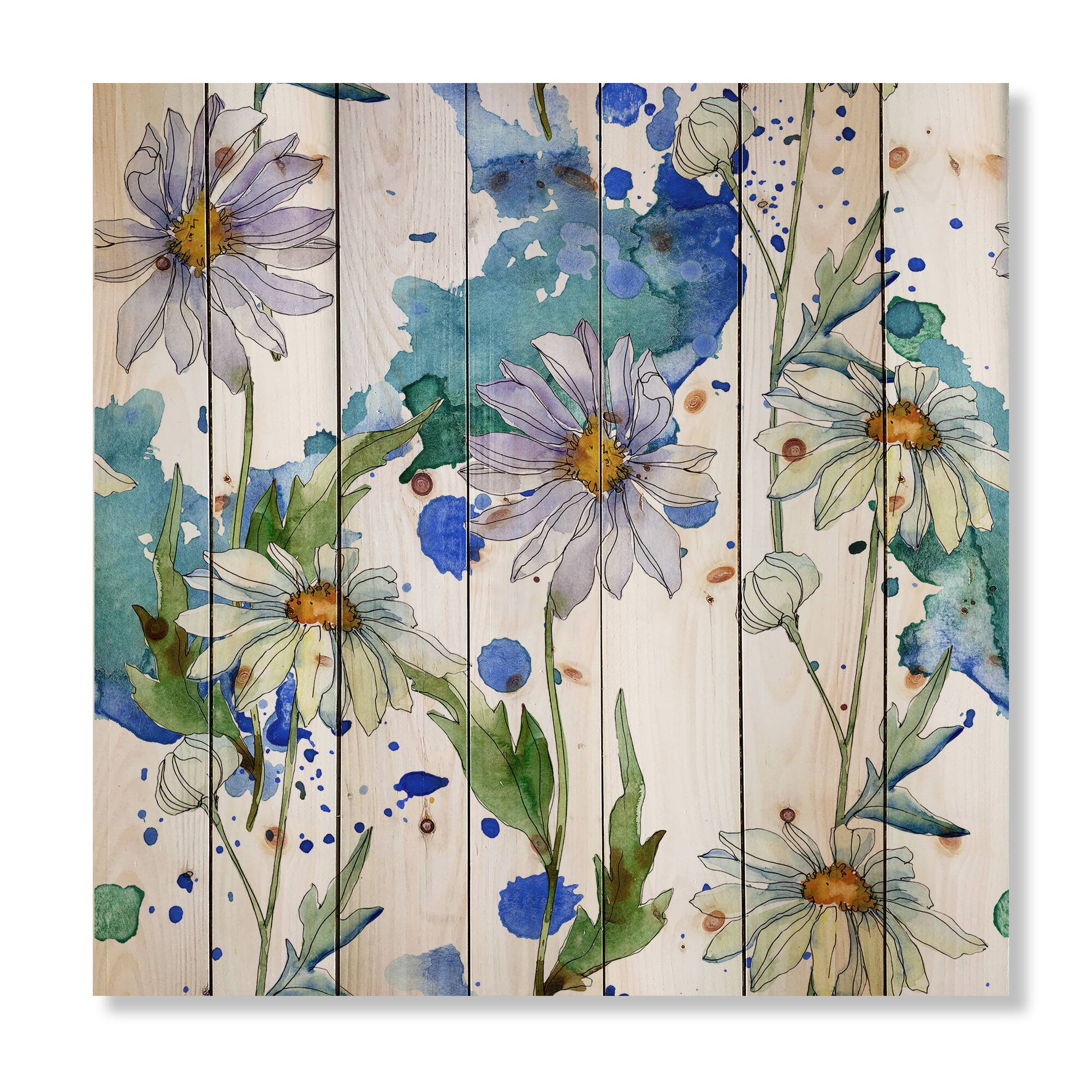 Designart - Daisies With Green Leaves II - Traditional Print on Natural Pine Wood