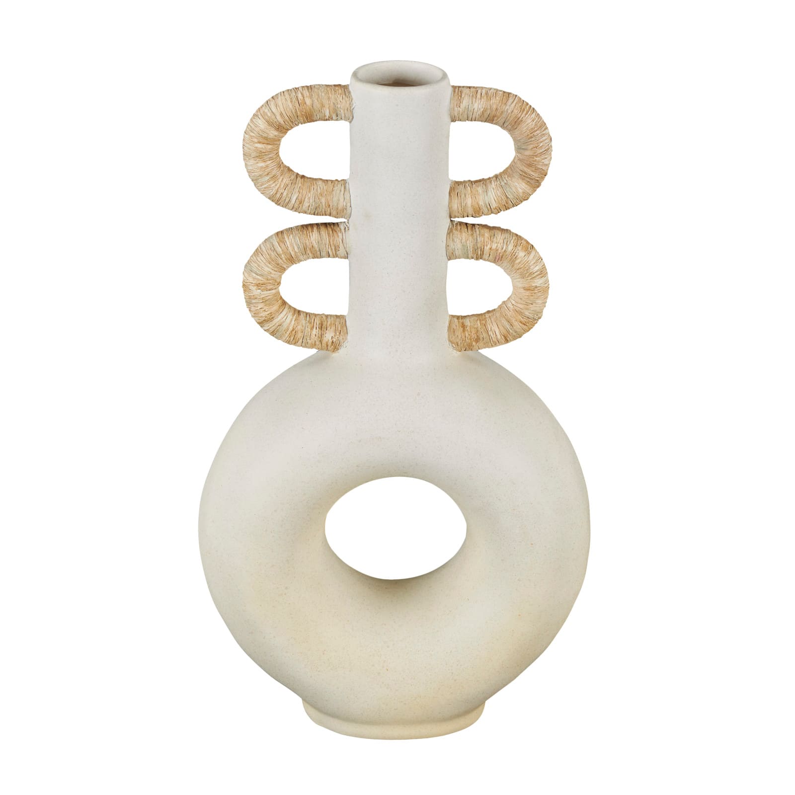 16" Cream Round Speckled Vase with Woven Inspired Arched Handles & Cutout Opening