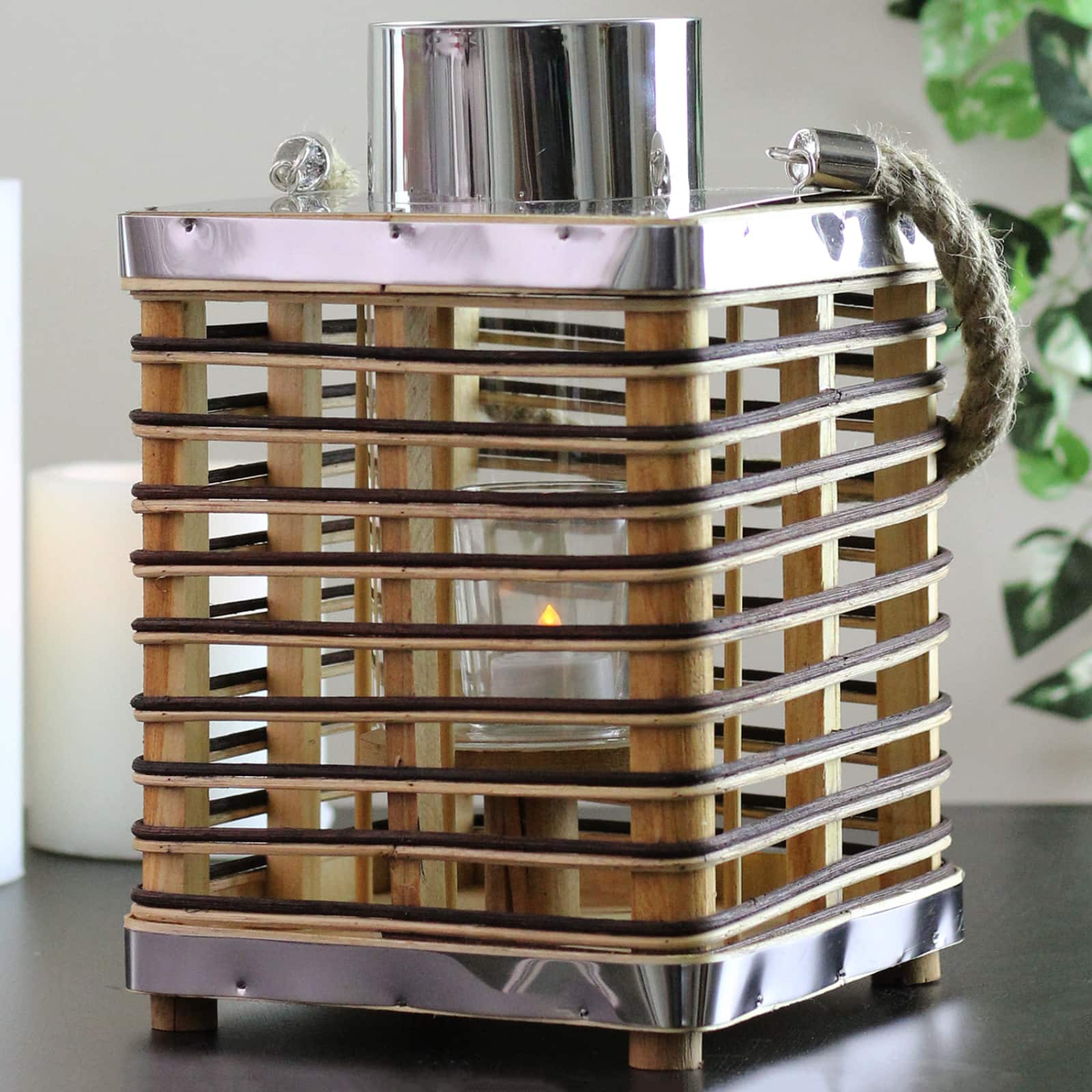 Rustic Chic Rectangular Rattan Candle Holder Lantern with Handle