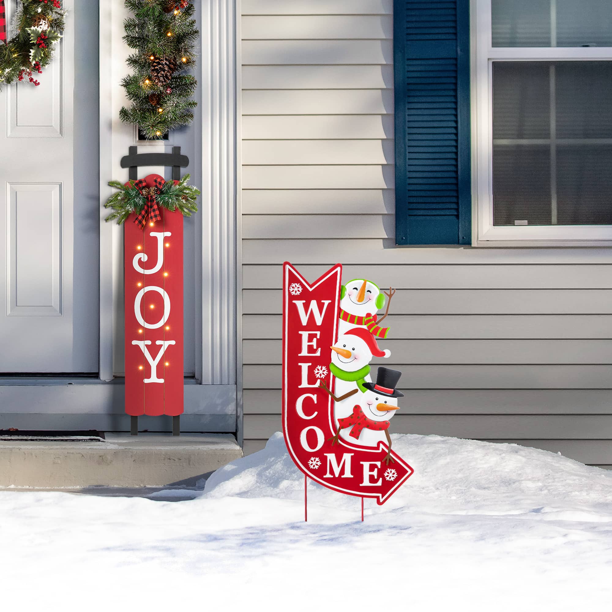 Glitzhome&#xAE; 35.75&#x22; Metal Christmas Snowmen Arrow Welcome Yard Stake