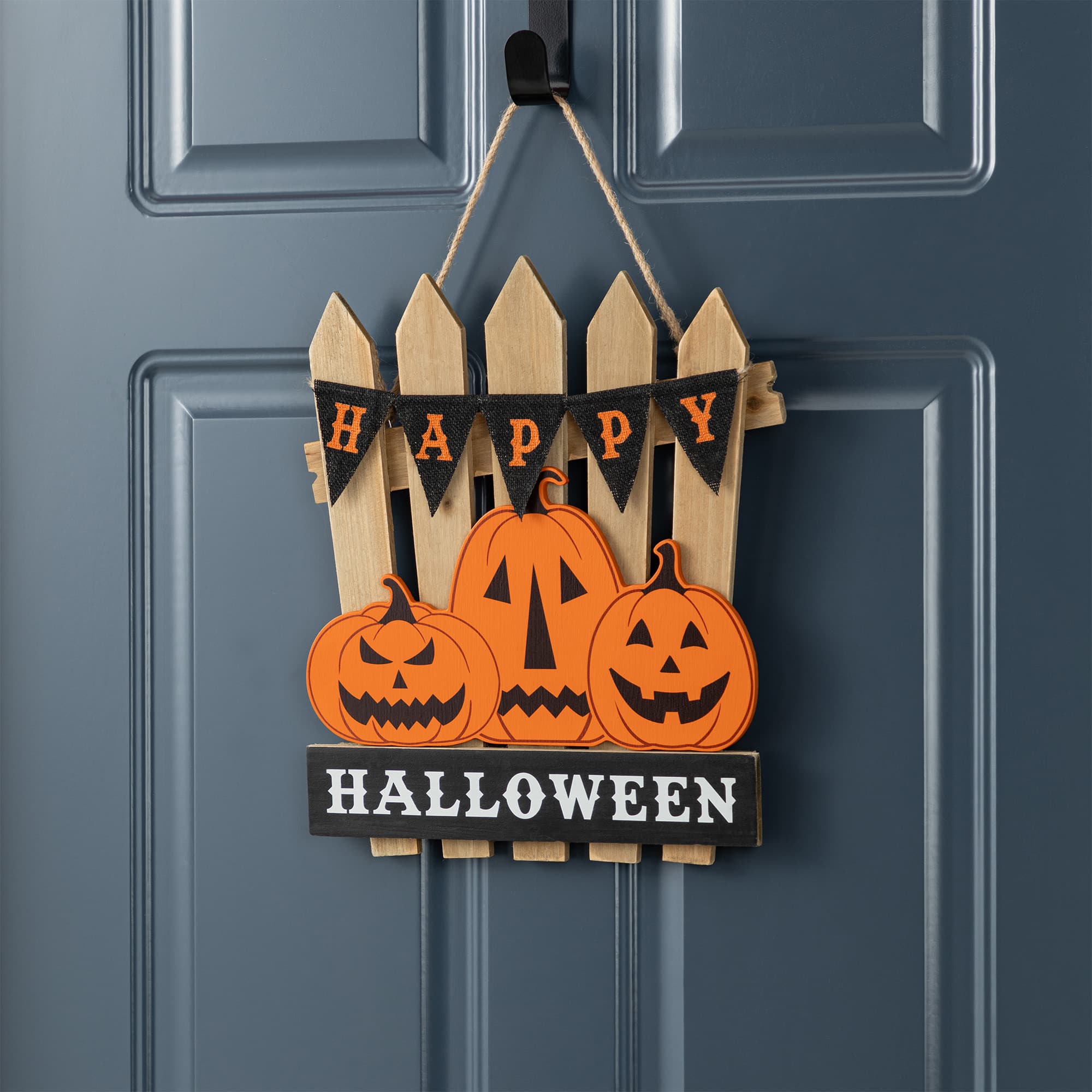 Glitzhome&#xAE; 14&#x22;H Halloween Wood Jack O Lantern Door Hanger