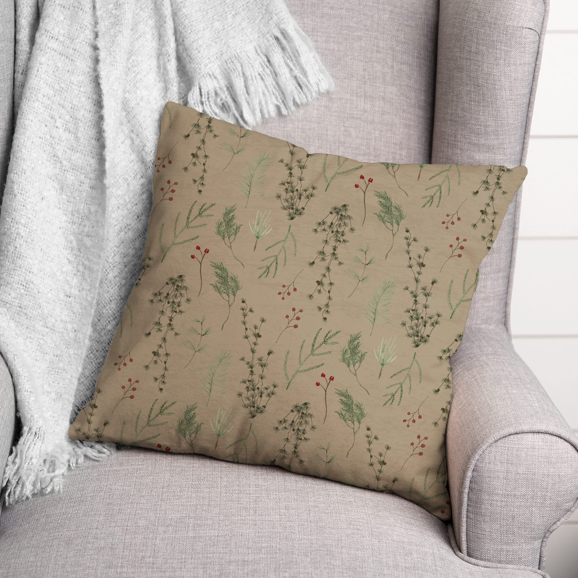 Pine Greenery on Brown Square Throw Pillow