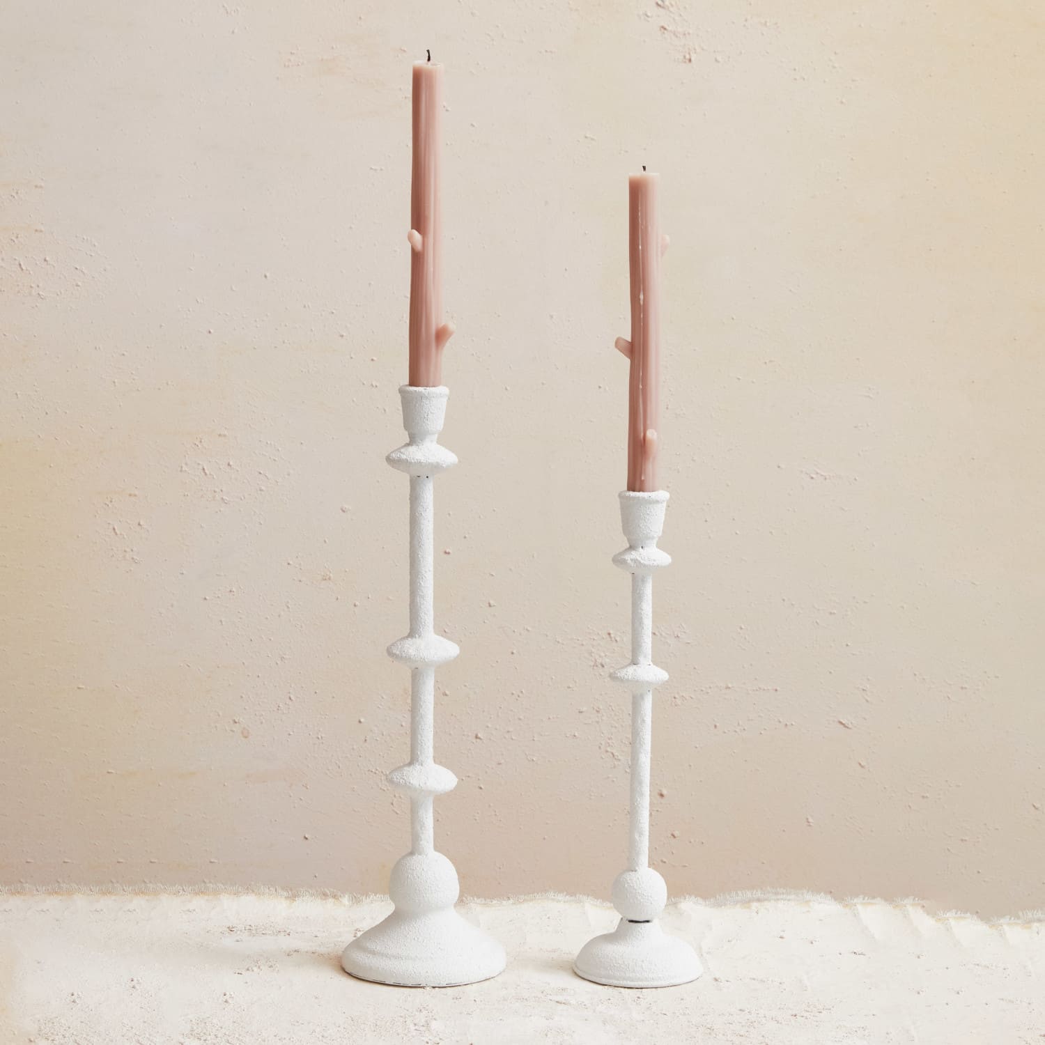 Hello Honey® Antique White Sand Finish Tall Metal Taper Candle Holder