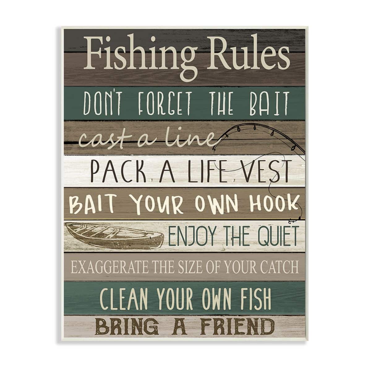 Stupell Industries Rustic Fishing Rules Sign Brown Green Beige Wood Wall Plaque