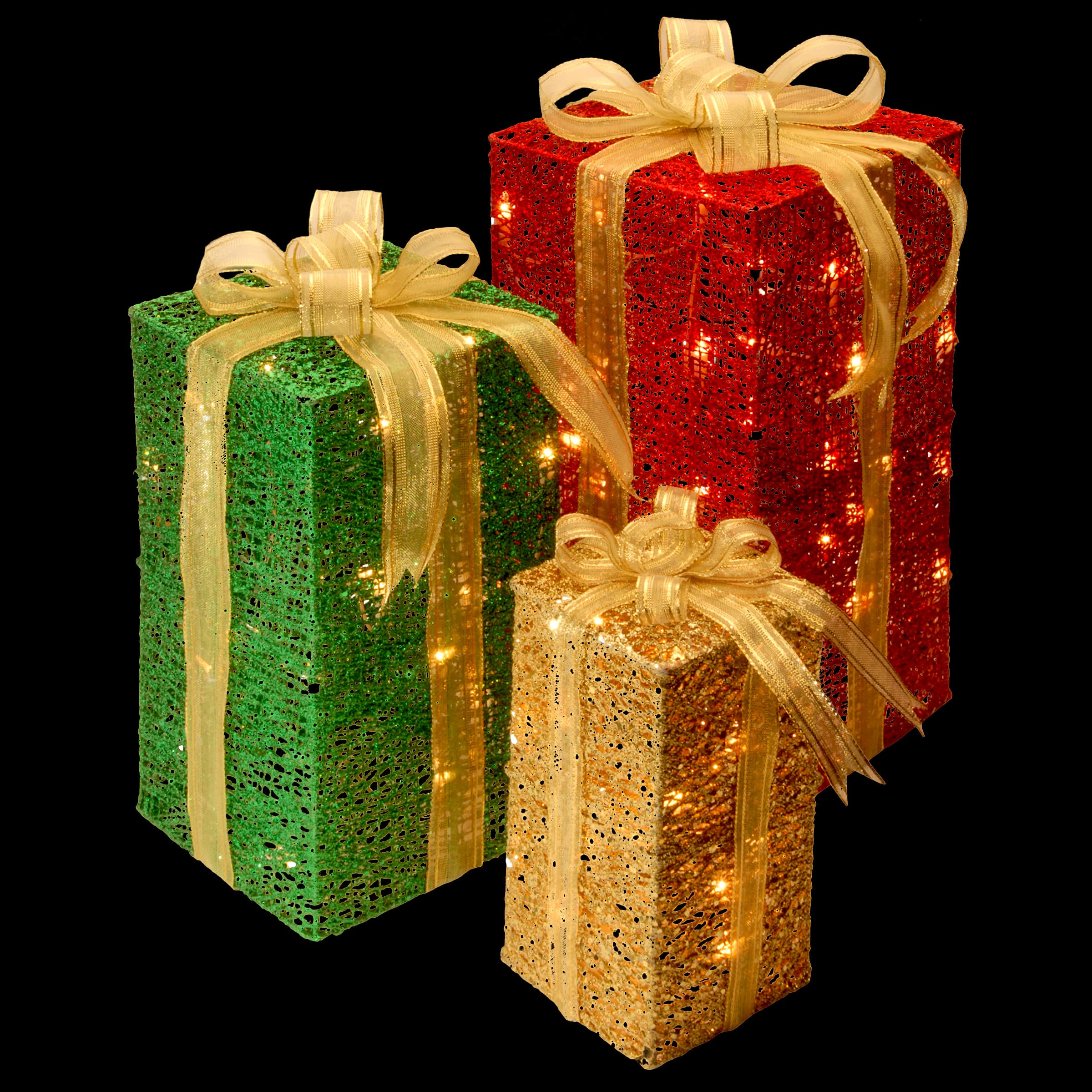 Set of 3 Sisal Gift Box, Clear Mini Lights
