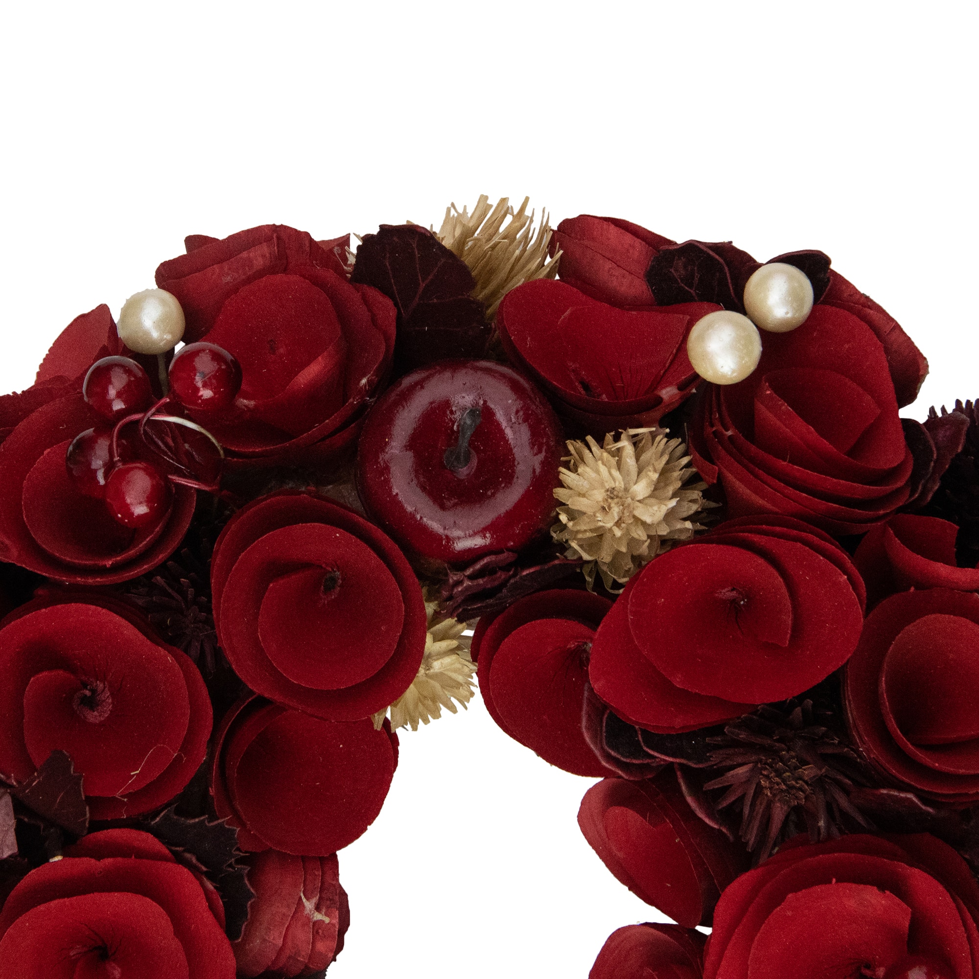 12&#x22; Unlit Red Wooden Rose Apple &#x26; Faux Pearl Artificial Valentines Wreath