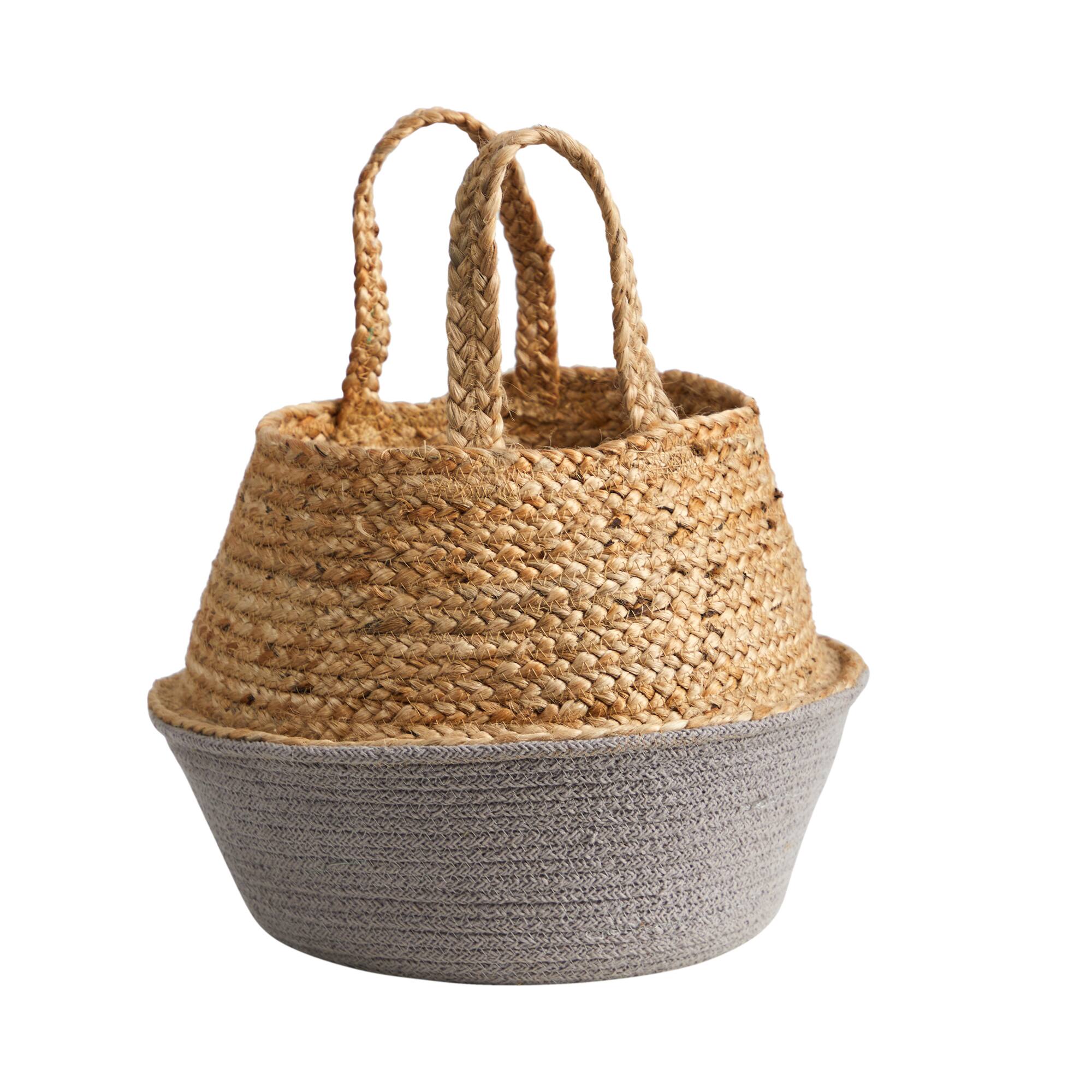12" Boho Chic Handmade Cotton & Jute Gray Woven Basket Planter