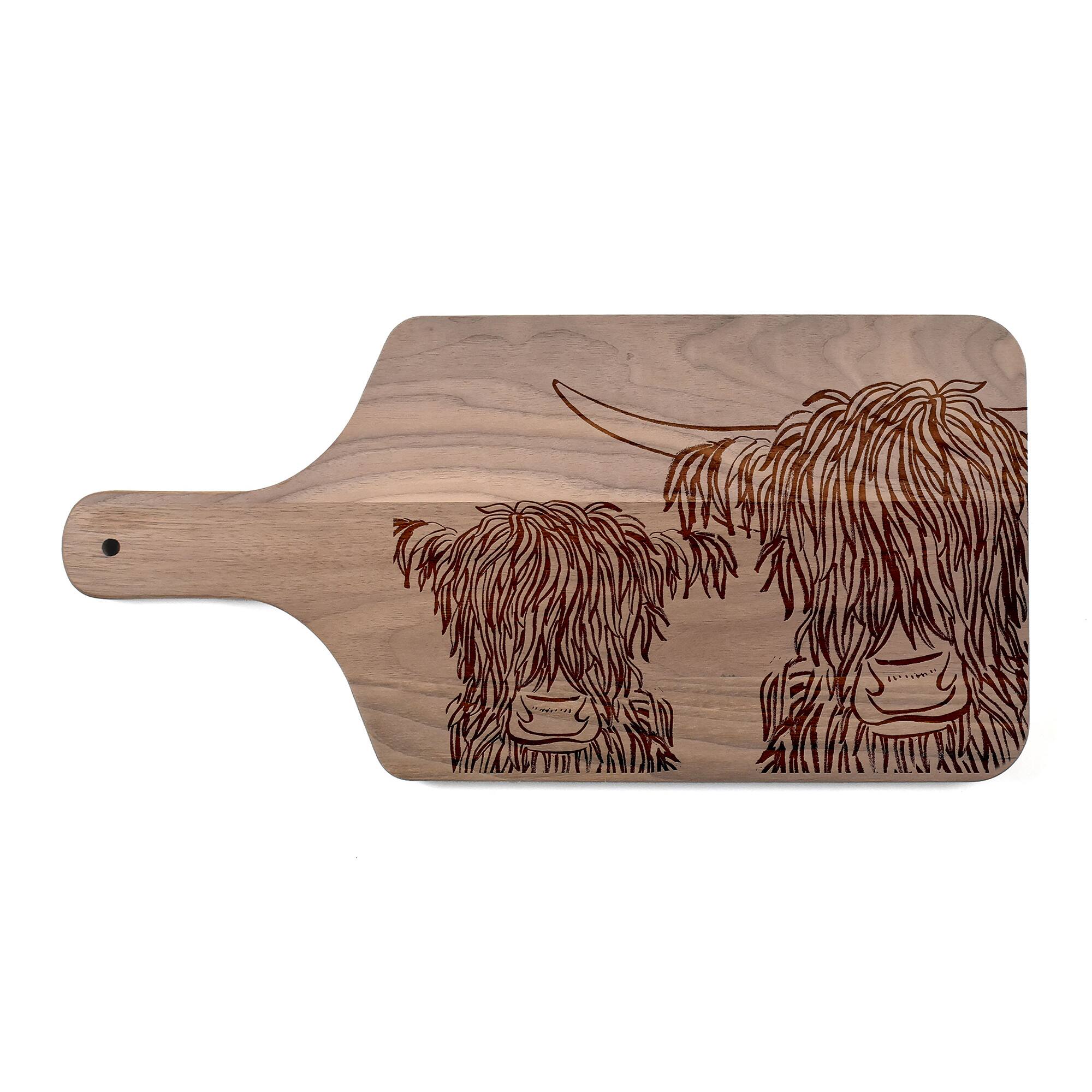 17" Wash Up Cow Sketch Walnut Paddle Cutting Board
