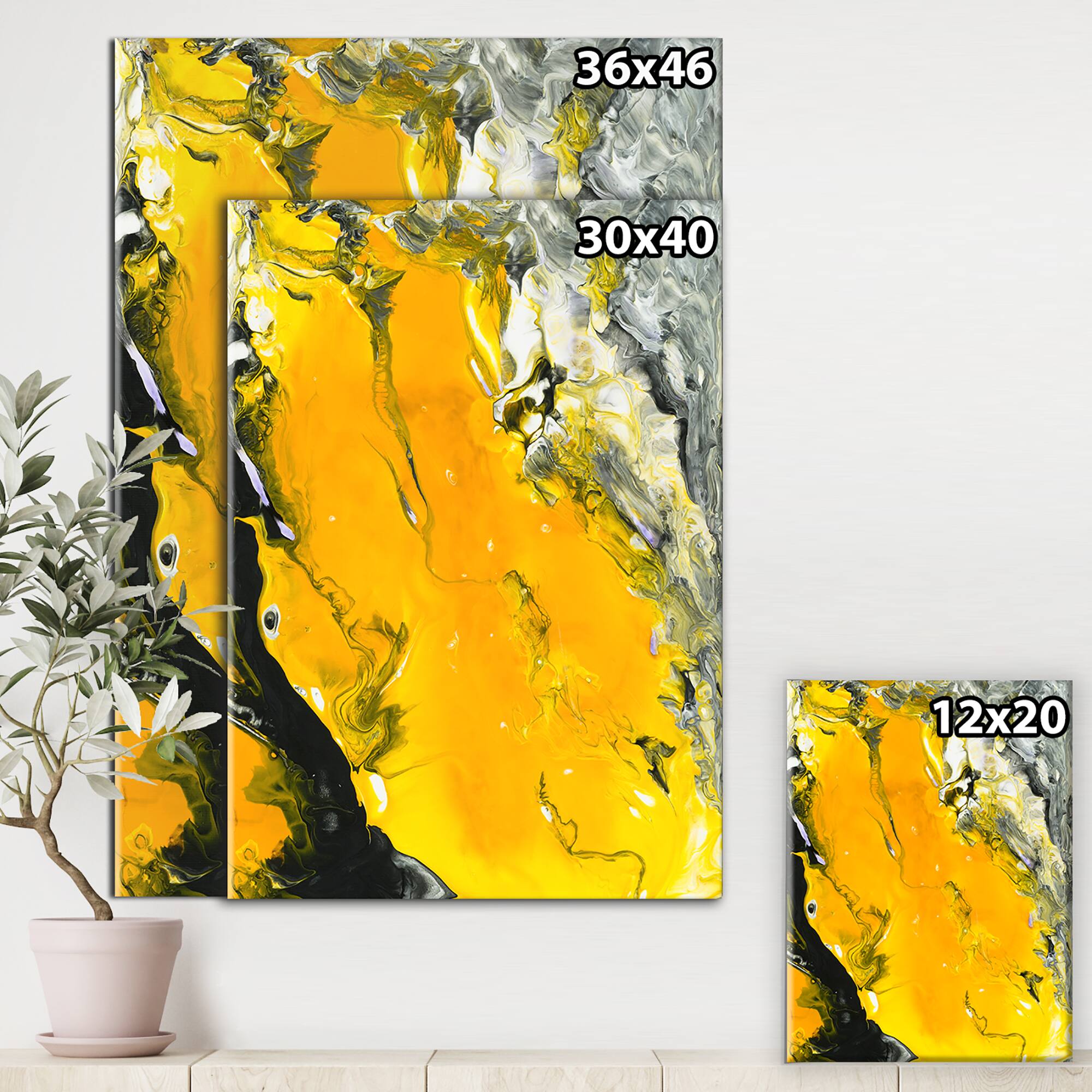 Designart - Yellow , Black and Marbled Acrylic Painting - Modern & Contemporary Premium Canvas Wall Art