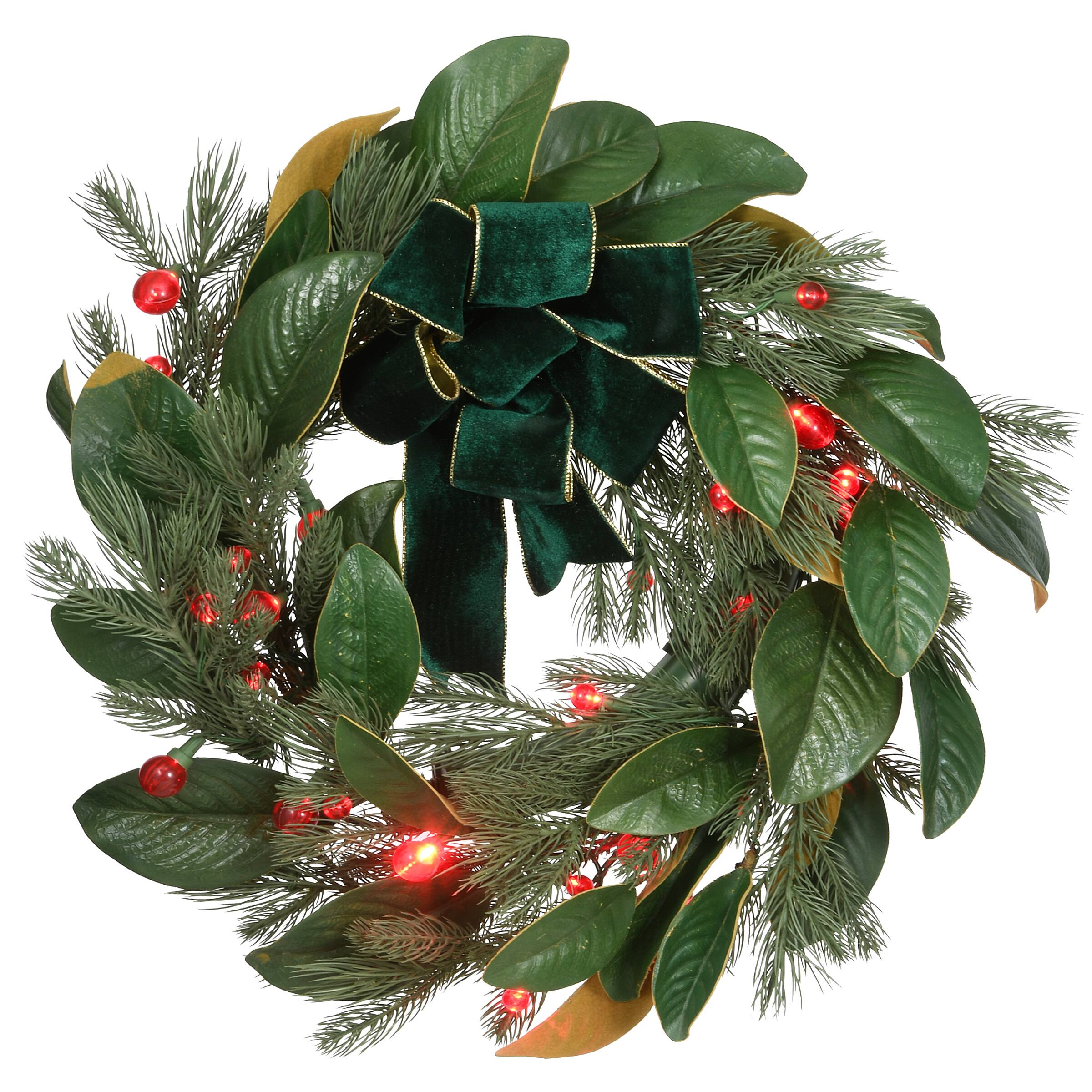 24" LED Berry Pre-Lit Magnolia Mixed Pine Wreath