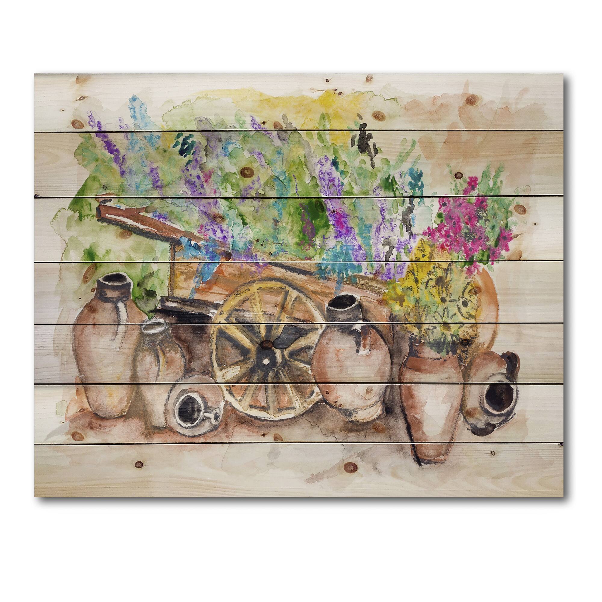 Designart - Lavender Flowers On Ancient Cart - Traditional Print on Natural Pine Wood