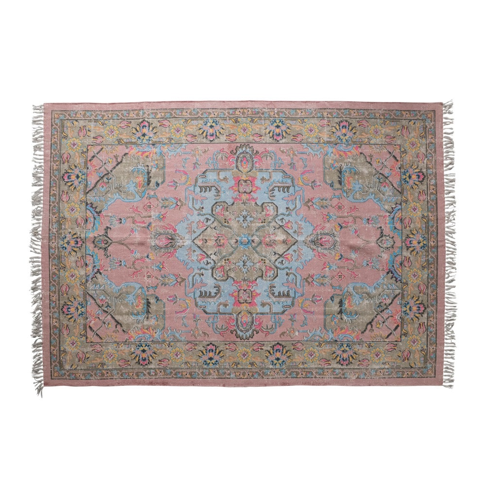 Multicolor Distressed Print Dhurrie Woven Cotton Rug with Fringe, 96&#x22; x 60&#x22;