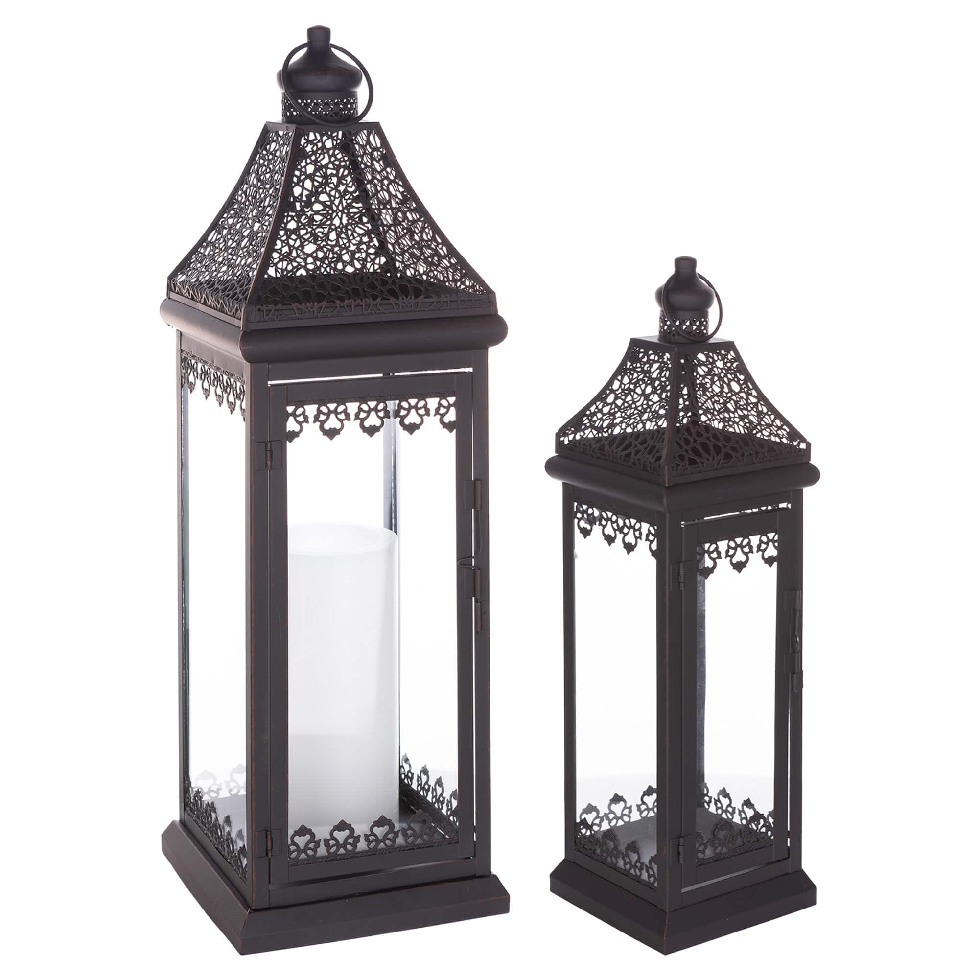Black Ornate Lantern with Punched Metal Accents Set, 19&#x22; &#x26; 25&#x22;