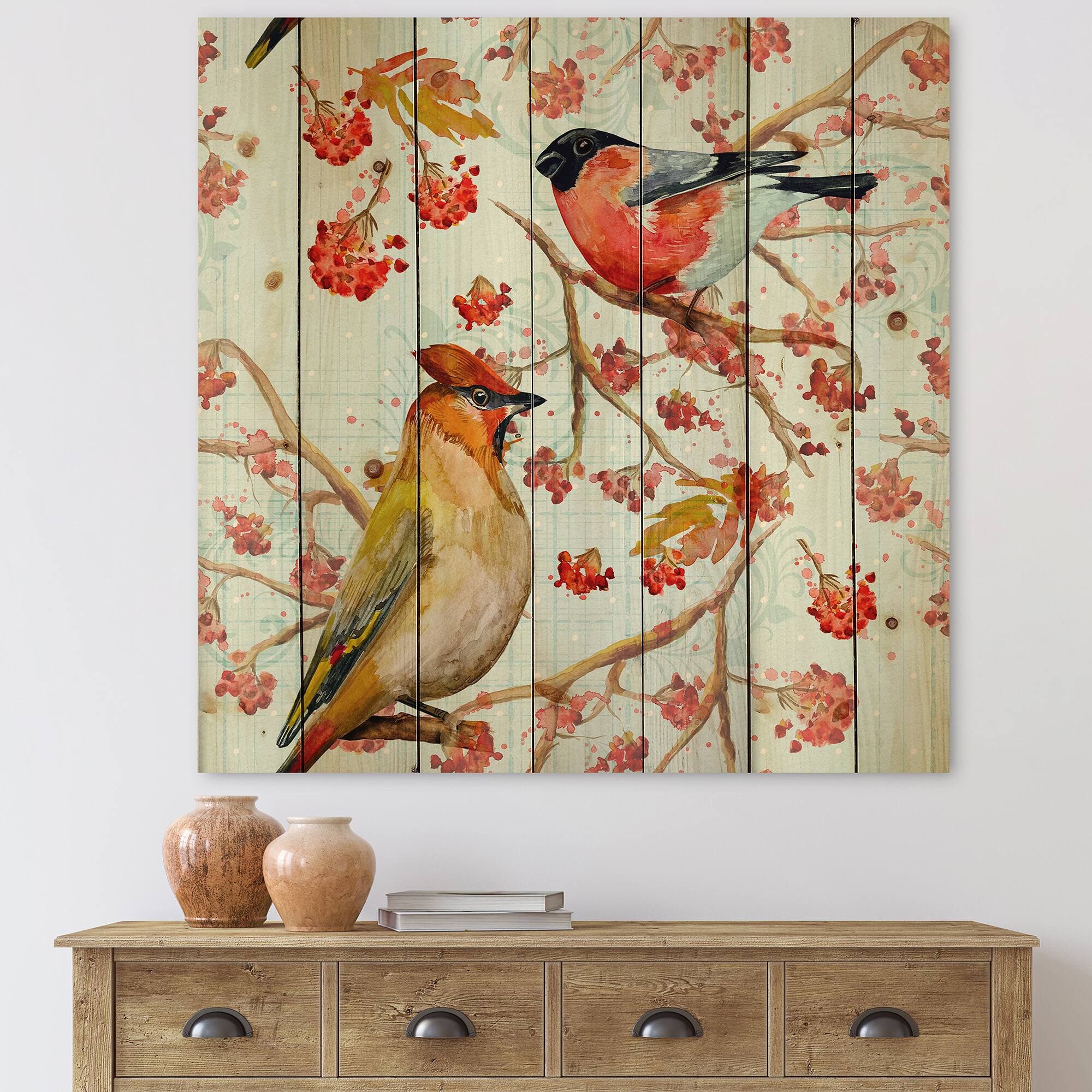 Designart - Two Birds On Branches During Autumn - Traditional Print on Natural Pine Wood