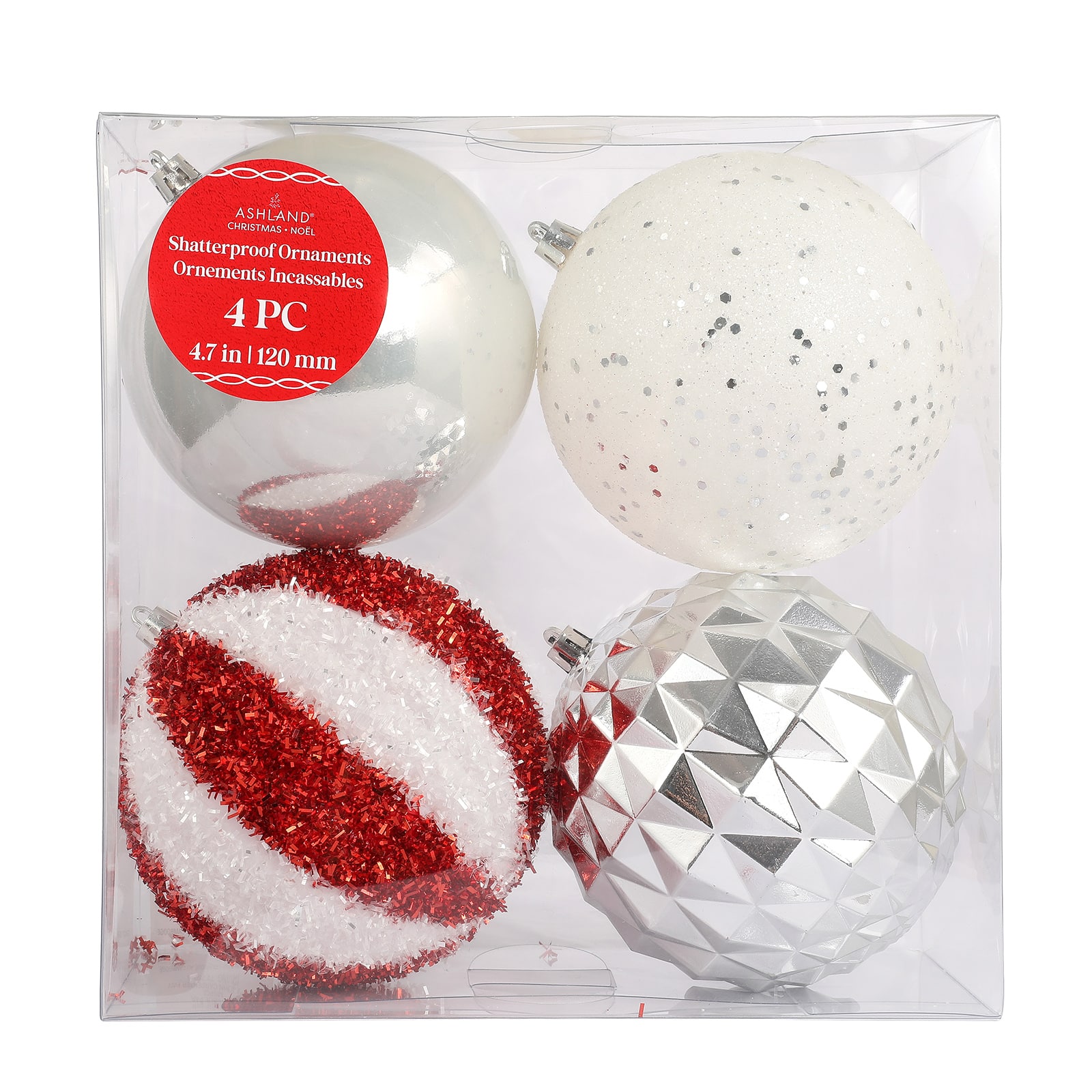Assorted 4 Pack 4.5&#x22; Red &#x26; White Shatterproof Ball Ornaments by Ashland&#xAE;