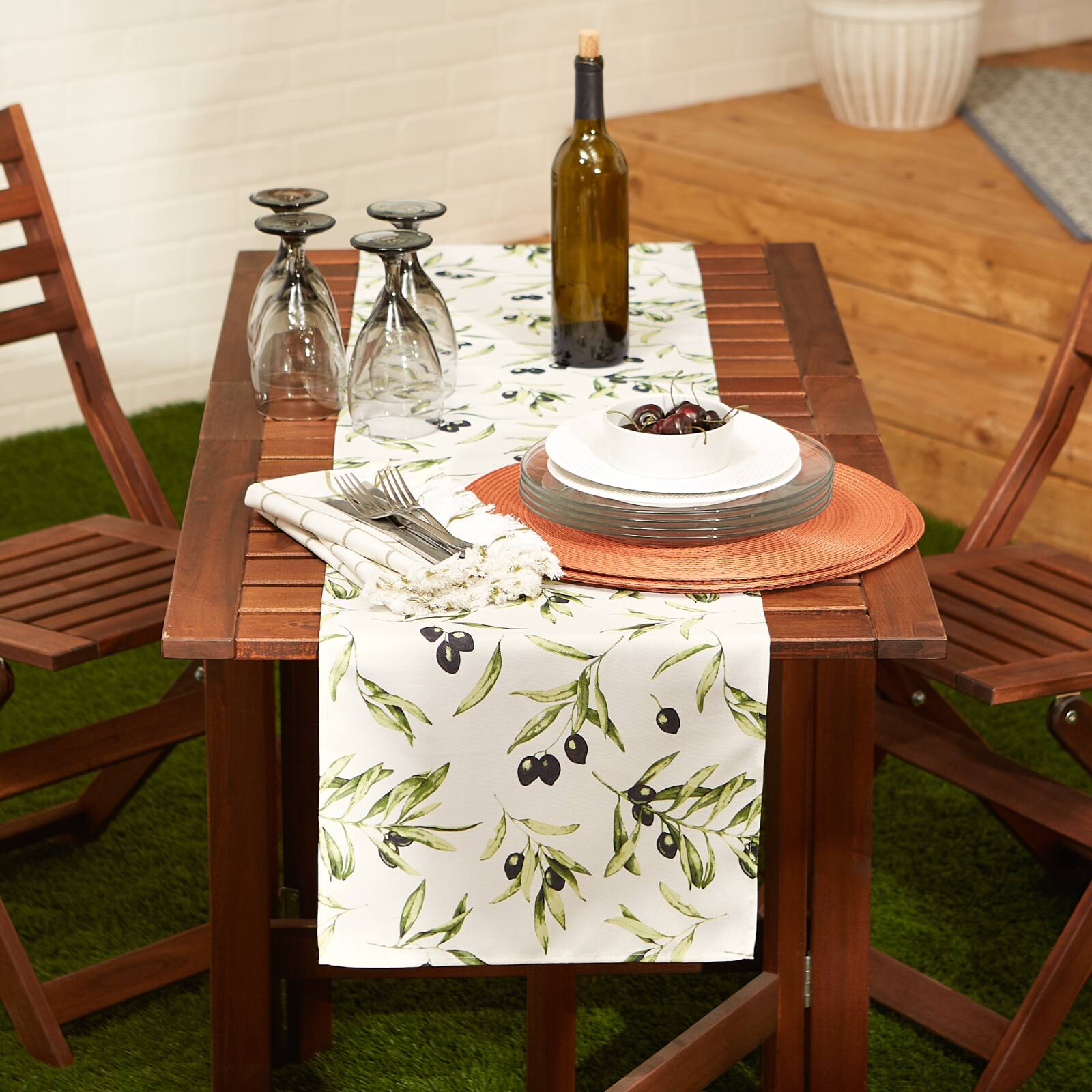 Olives Print Outdoor Table Runner,, 14" x 72"