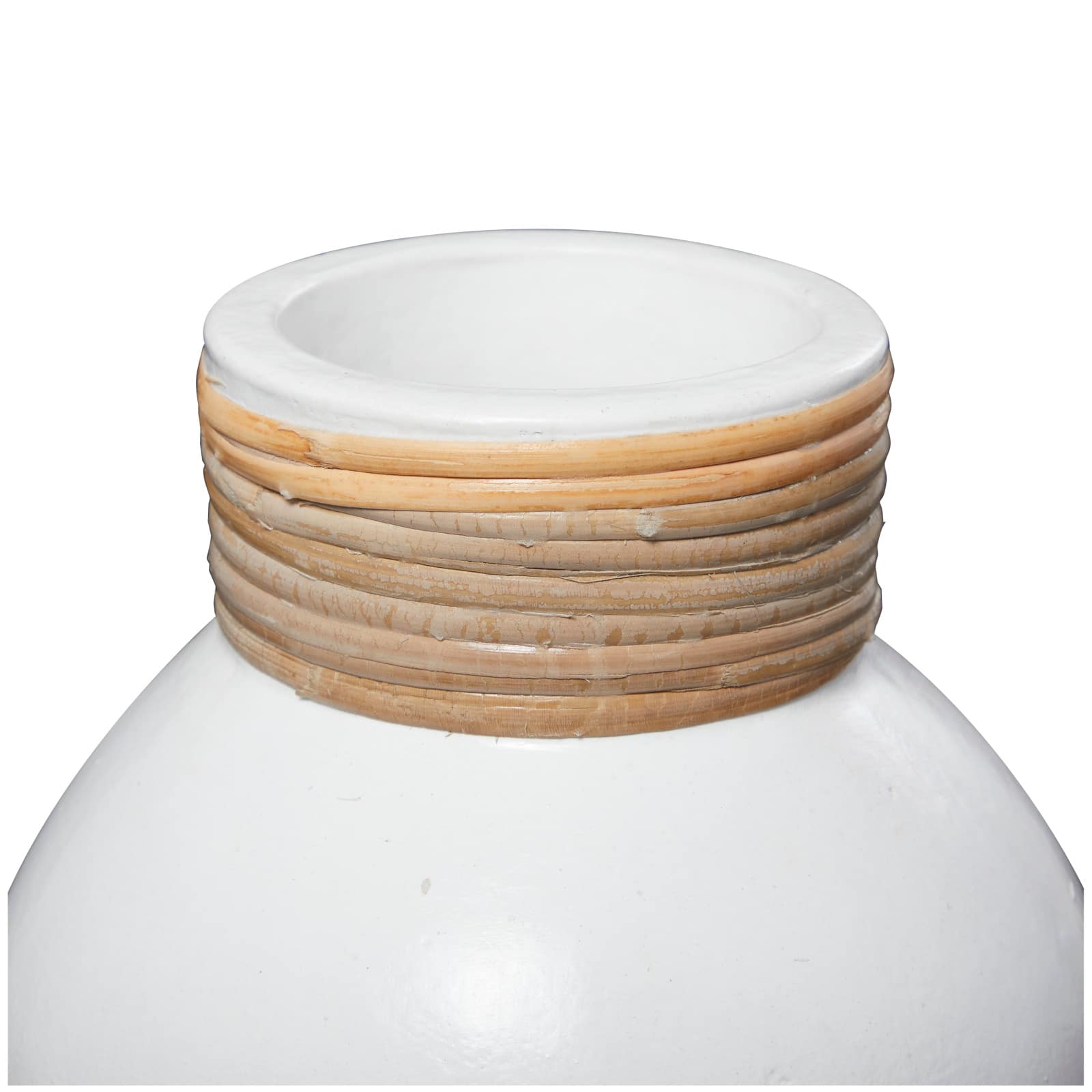 11" White Ceramic Vase with Wrapped Rattan Detailing