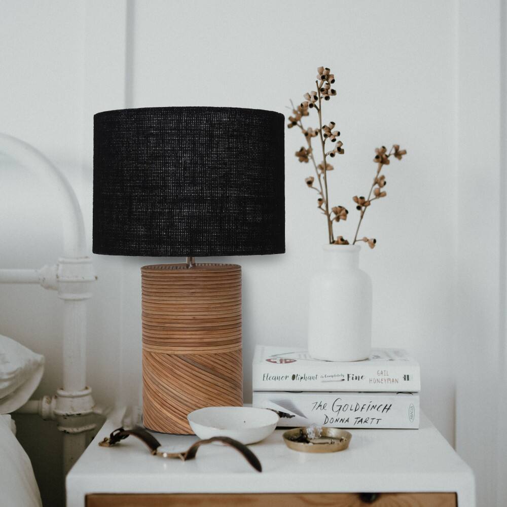 Hello Honey&#xAE; 20.5&#x22; Natural and Black Modern Rattan and Wood Table Lamp with Black Jute Shade