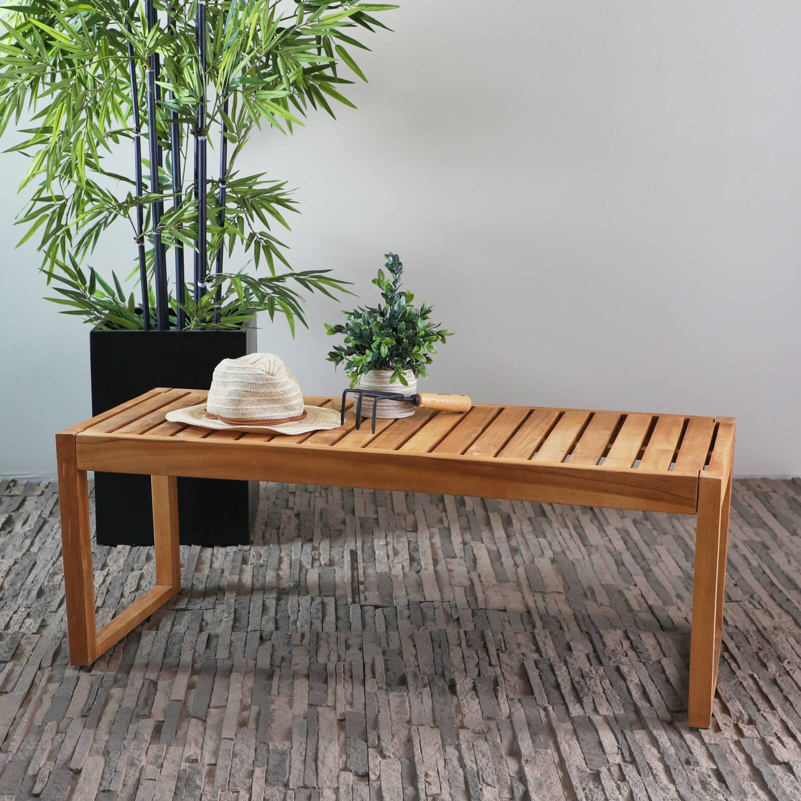 47&#x22; Brown Teak Wood Slatted Outdoor Accent Table