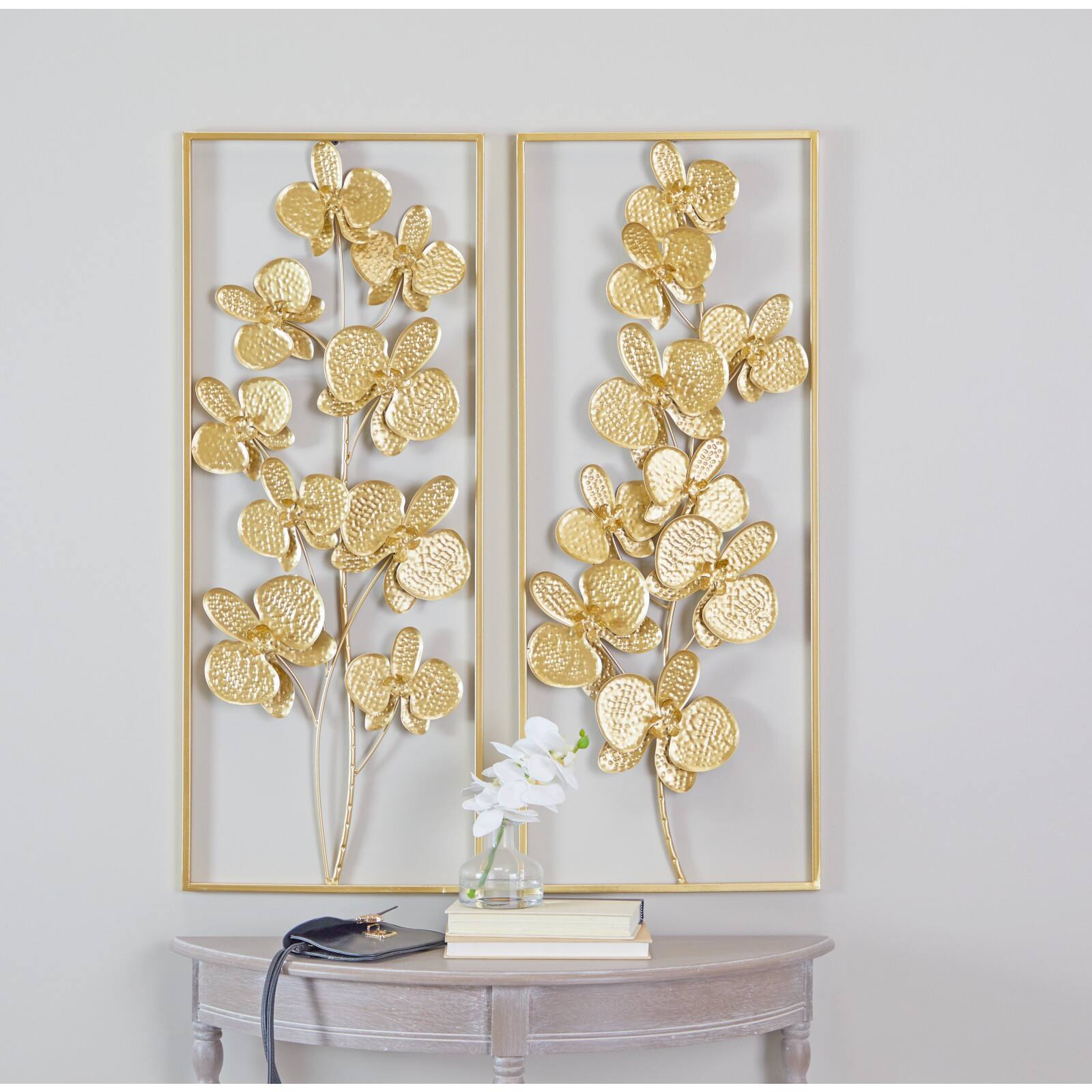 CosmoLiving by Cosmopolitan Gold Metal Orchid Floral Wall Decor with Gold Frame Set of 2 14&#x22;, 36&#x22;