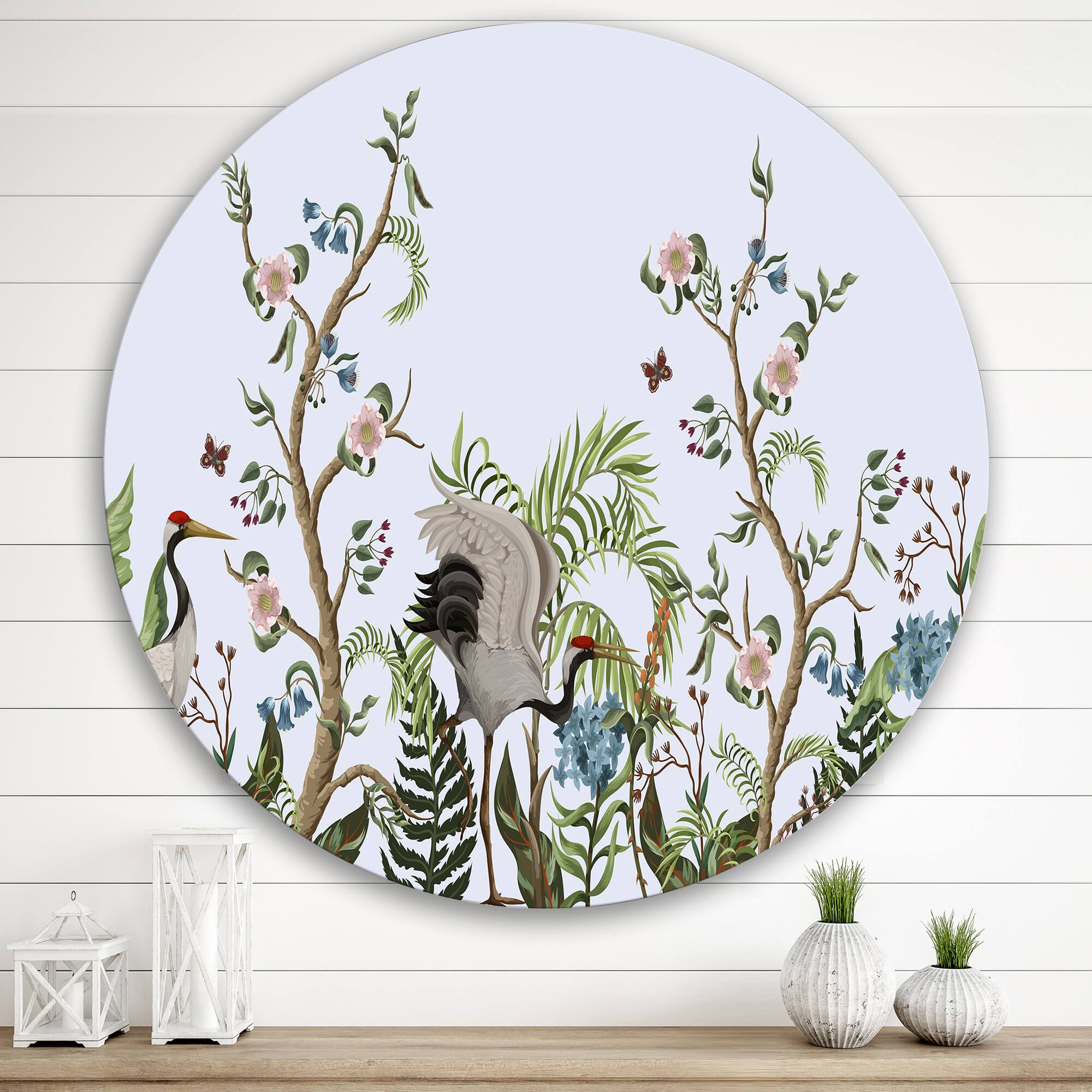 Designart - Border With Cranes &#x26; Peonies In Chinoiserie Style - Traditional Metal Circle Wall Art