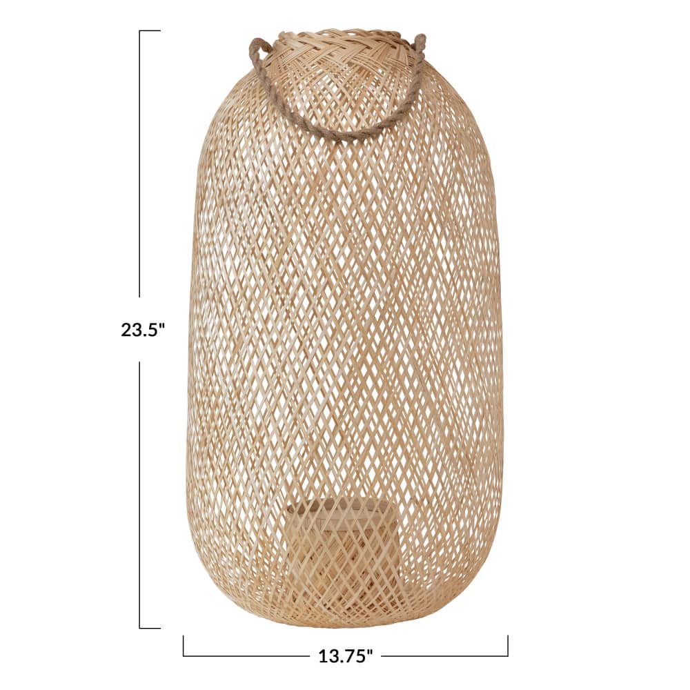 Bloomingville 23.5&#x22; Natural Hand-Woven Bamboo Lantern with Jute Handle &#x26; Glass Insert