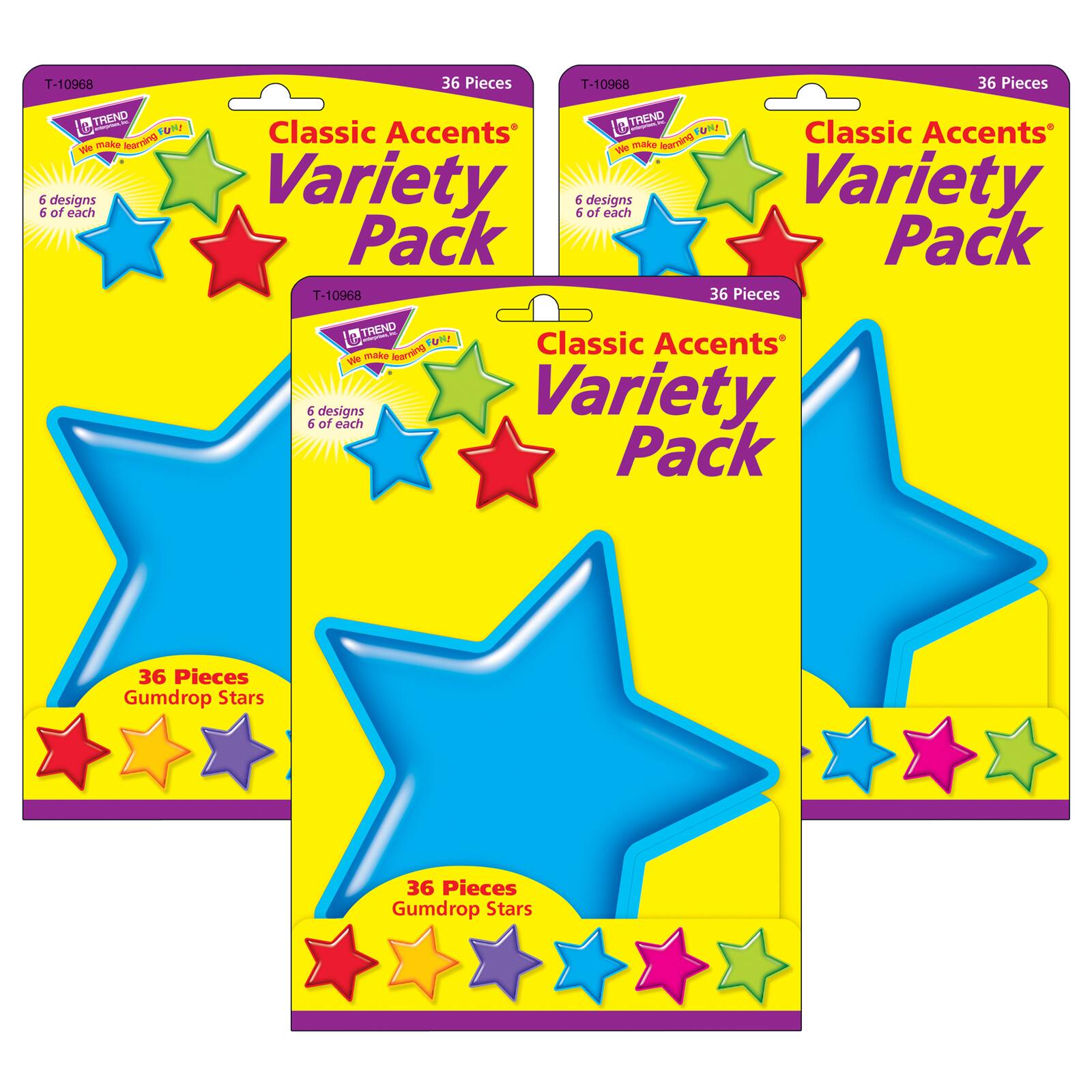 TREND Enterprises® Gumdrop Stars Classic Accents® Variety Pack, 3 Packs of 36