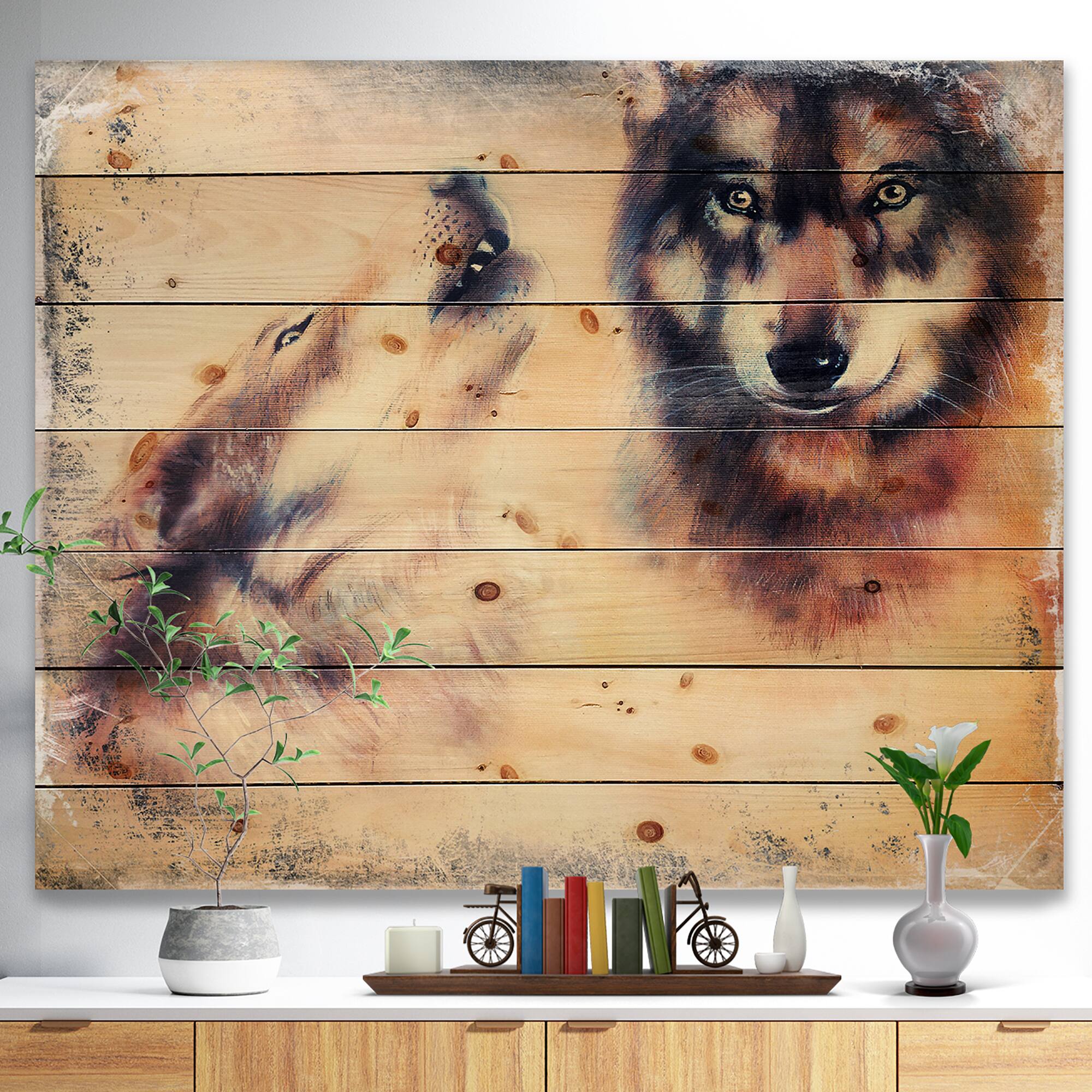 Designart - Howling Wolf - Animal Print on Natural Pine Wood