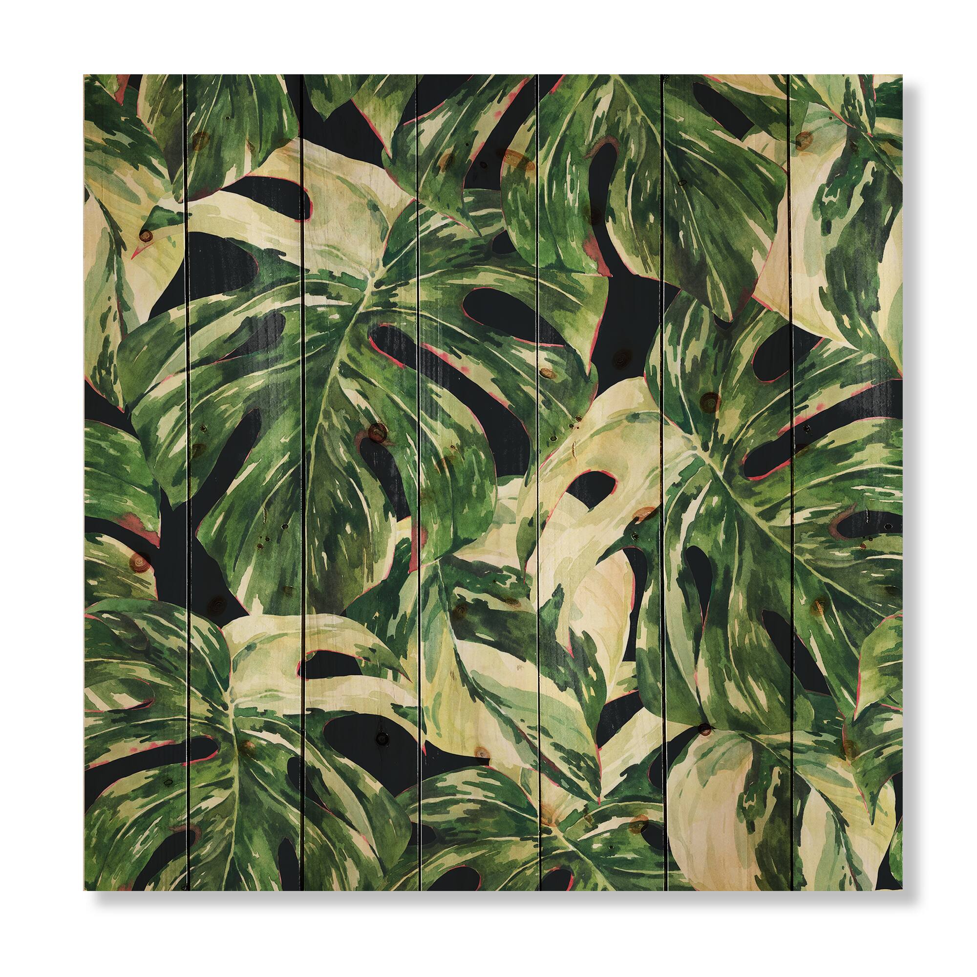 Designart - Natural Leaves Exotic On Dark II - Tropical Print on Natural Pine Wood