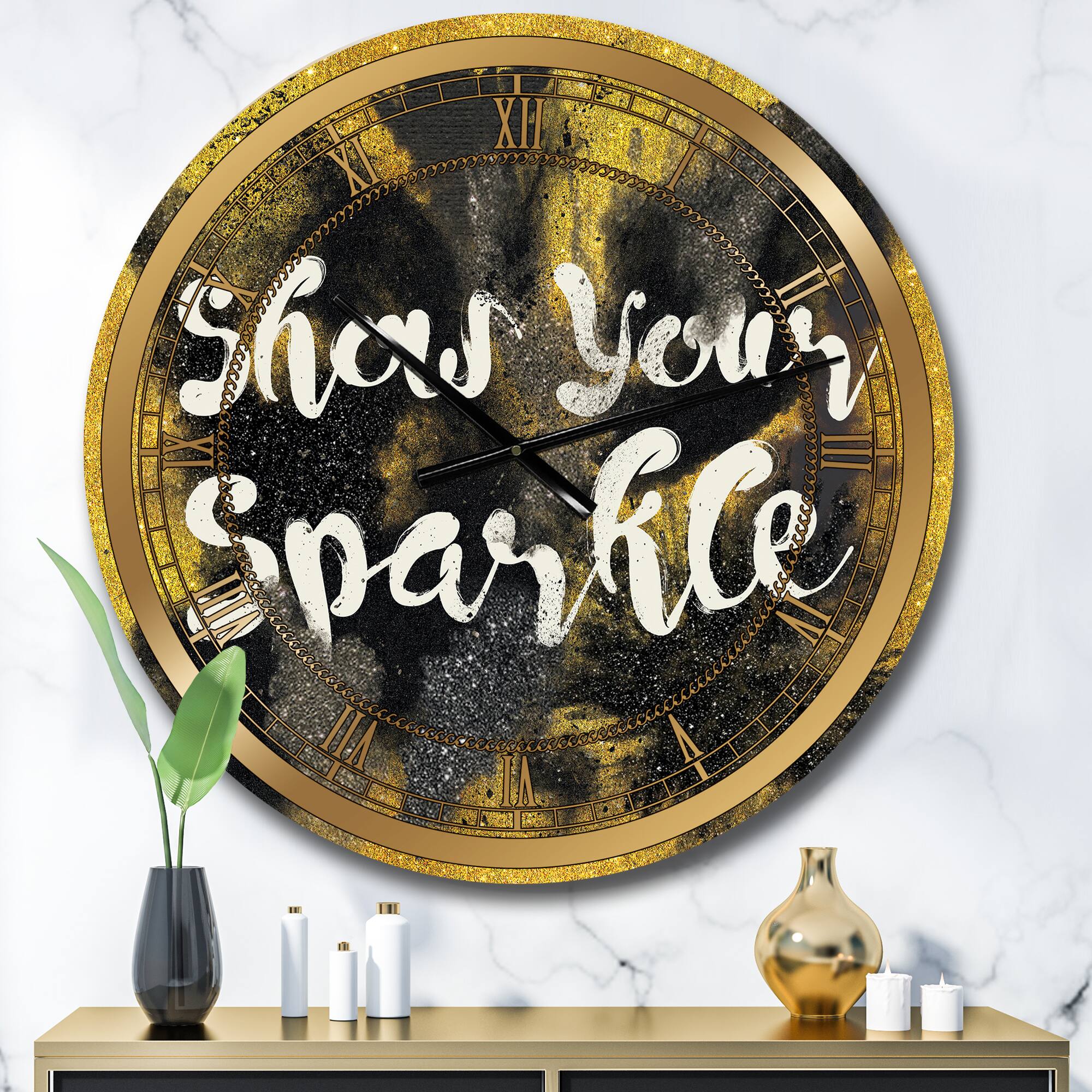 Designart 'Show Your Sparkle Quote Black On Gold Glam Wall Clock