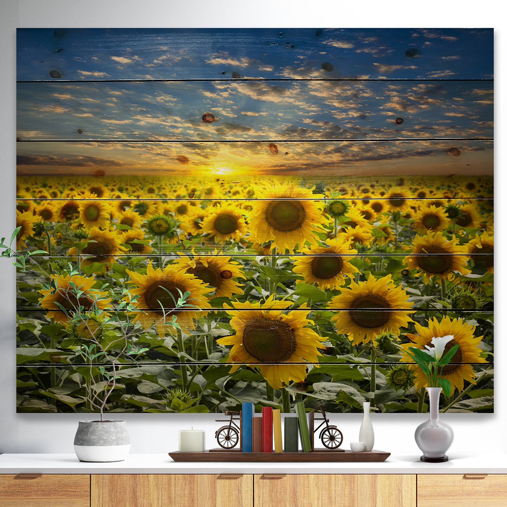 Designart - Field of Blooming Sunflowers - Flower Print on Natural Pine Wood